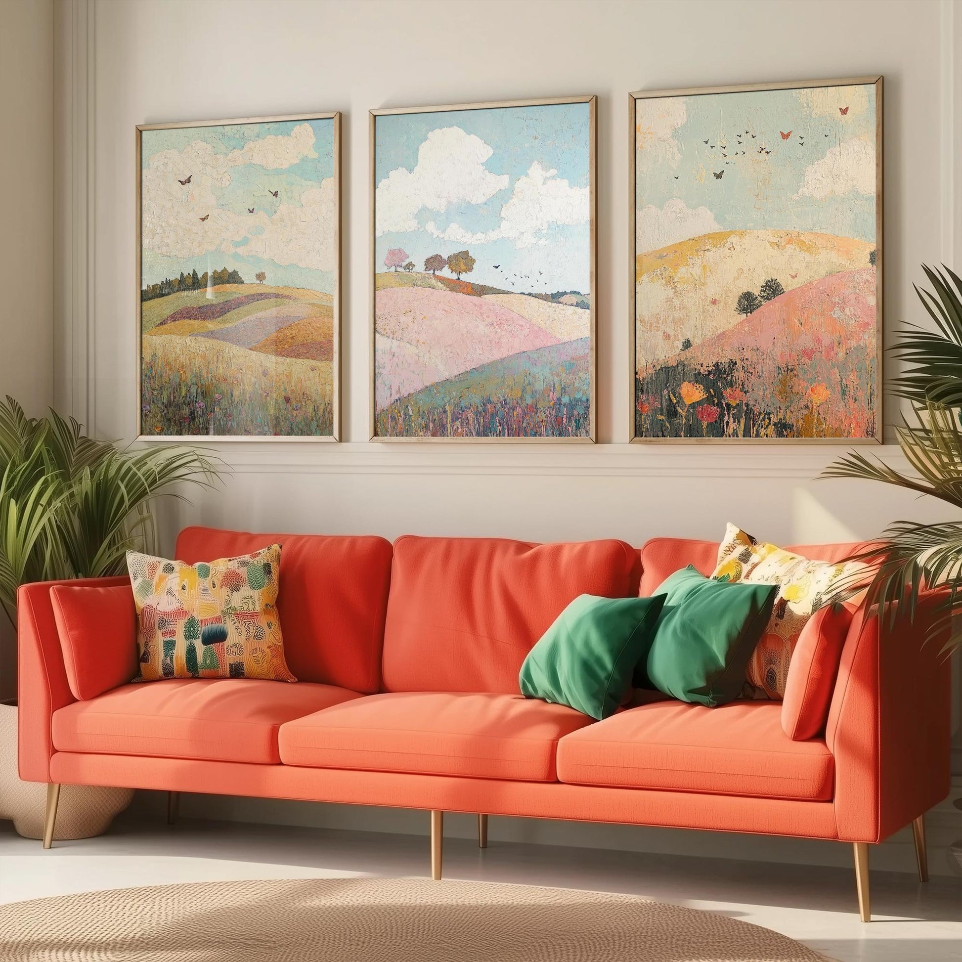 Rolling Hills Butterfly Set of Three Art Prints - Pistachio Plum and Slate - Folk Meadow Poster Illustration Gift