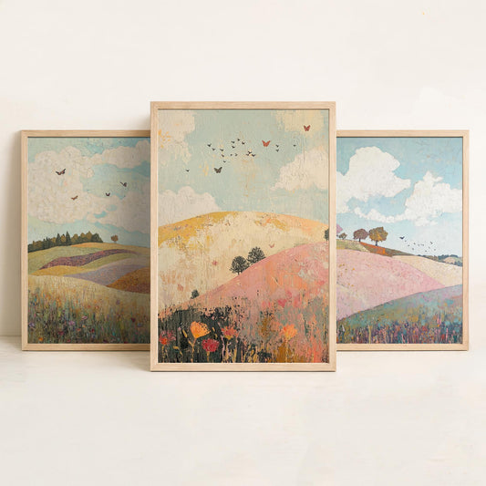 Rolling Hills Butterfly Set of Three Art Prints - Pistachio Plum and Slate - Folk Meadow Poster Illustration Gift