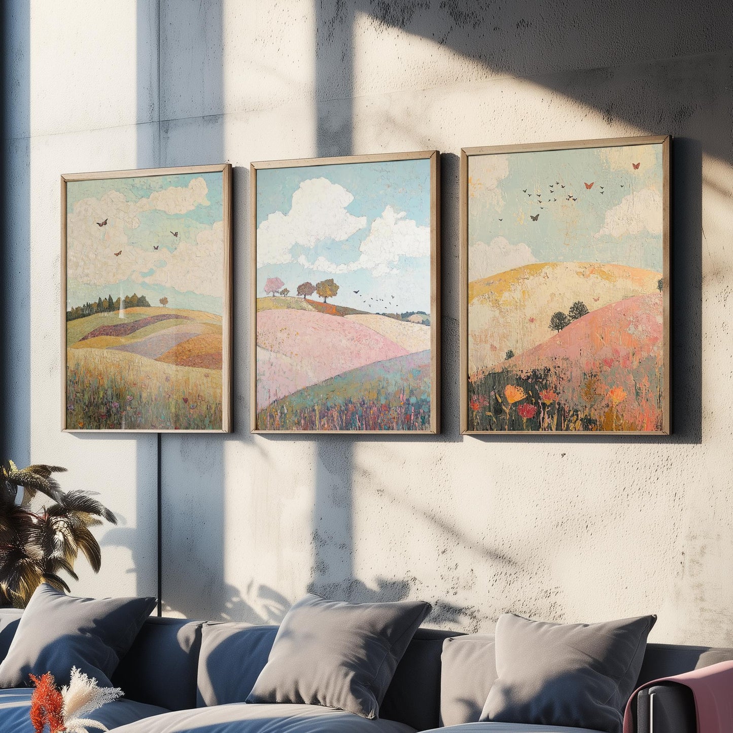 Rolling Hills Butterfly Set of Three Art Prints - Pistachio Plum and Slate - Folk Meadow Poster Illustration Gift