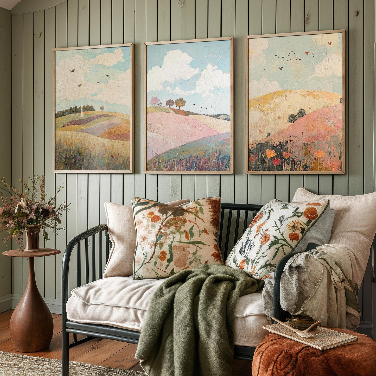 Rolling Hills Butterfly Set of Three Art Prints - Pistachio Plum and Slate - Folk Meadow Poster Illustration Gift