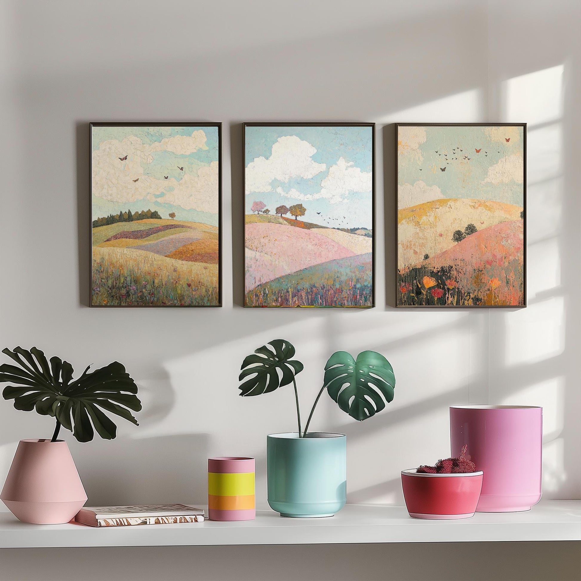 Rolling Hills Butterfly Set of Three Art Prints - Pistachio Plum and Slate - Folk Meadow Poster Illustration Gift