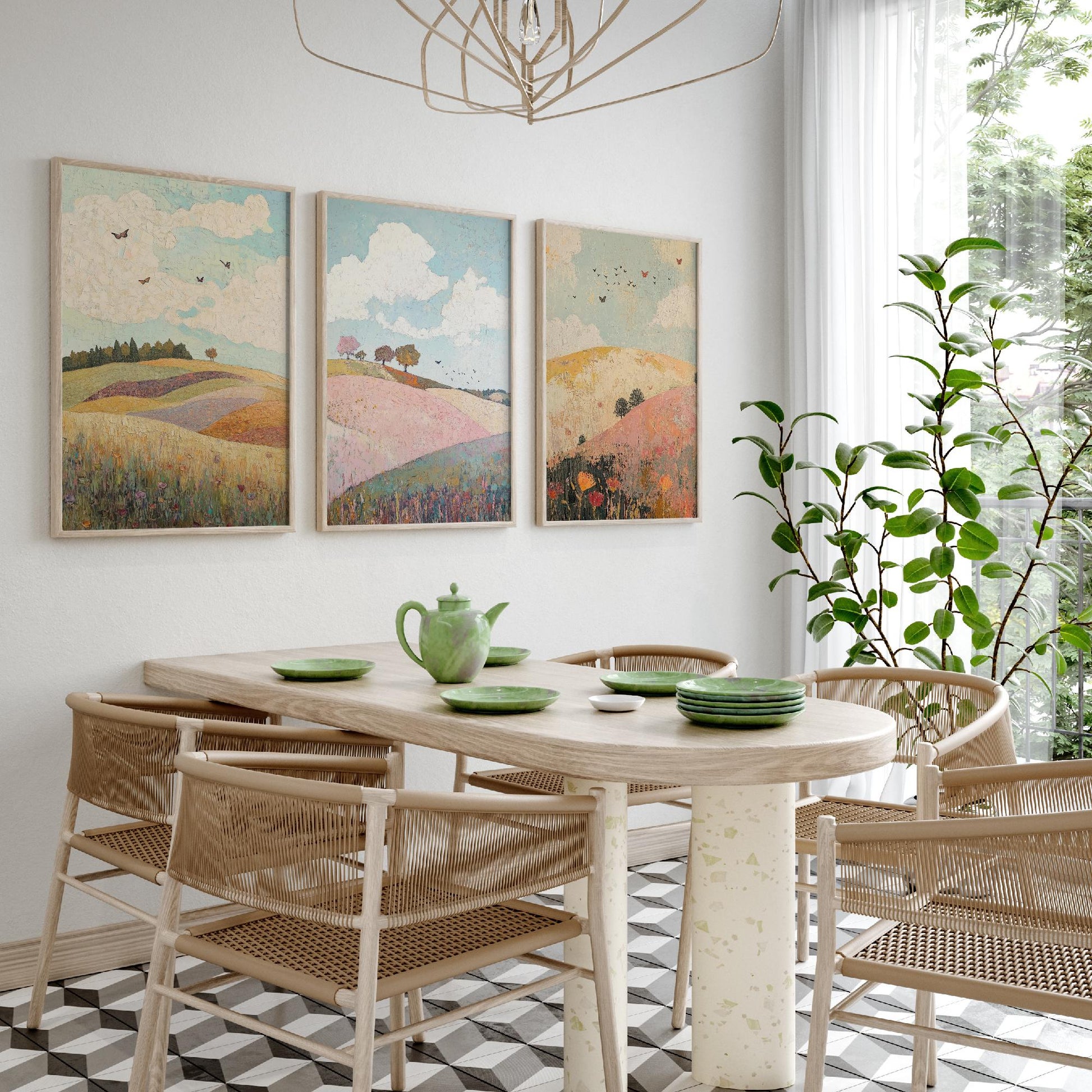 Rolling Hills Butterfly Set of Three Art Prints - Pistachio Plum and Slate - Folk Meadow Poster Illustration Gift