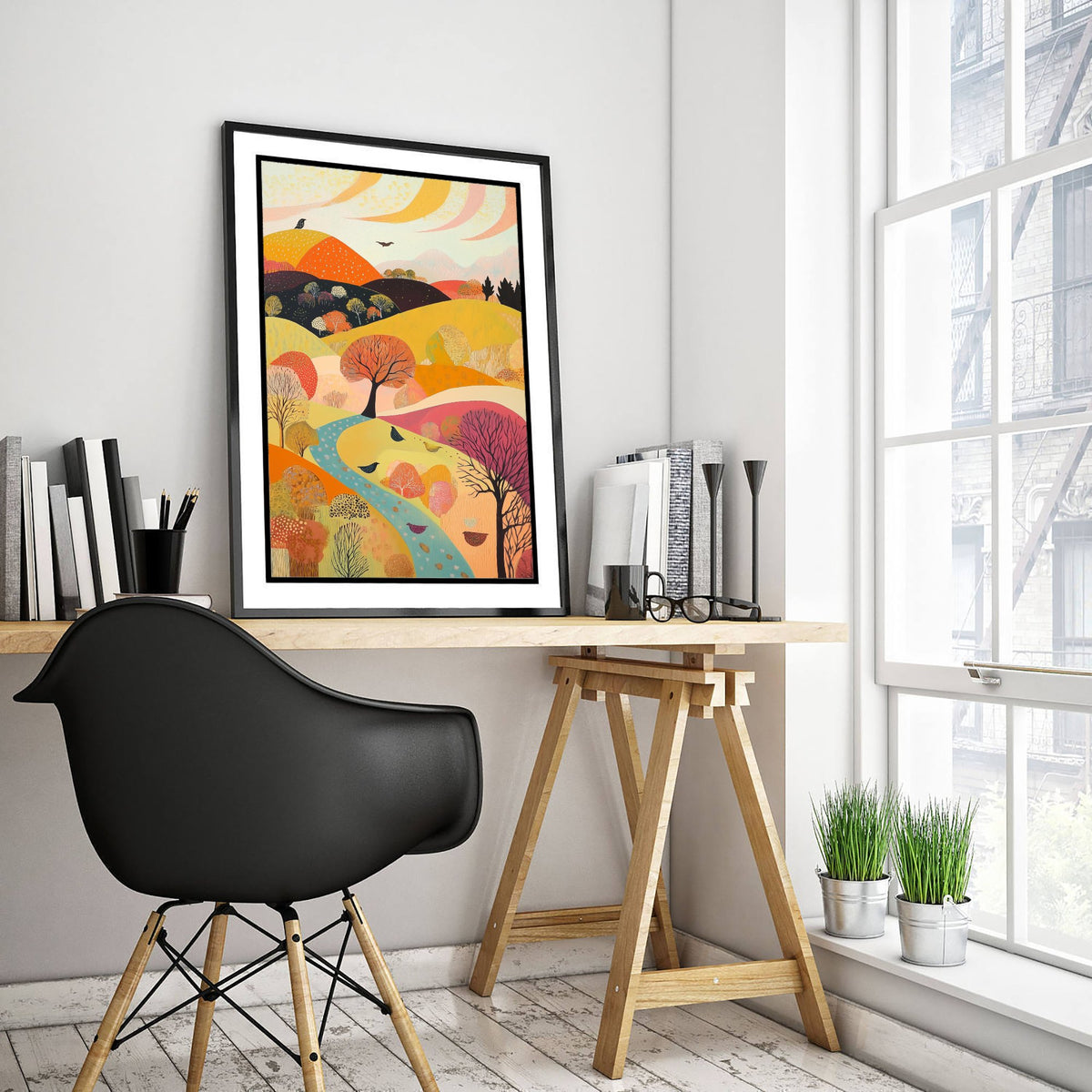 Rolling Hills Landscape Art Print - Butterfly Meadow Poster - Folk Art Painting - Purple Yellow Gold 1/3