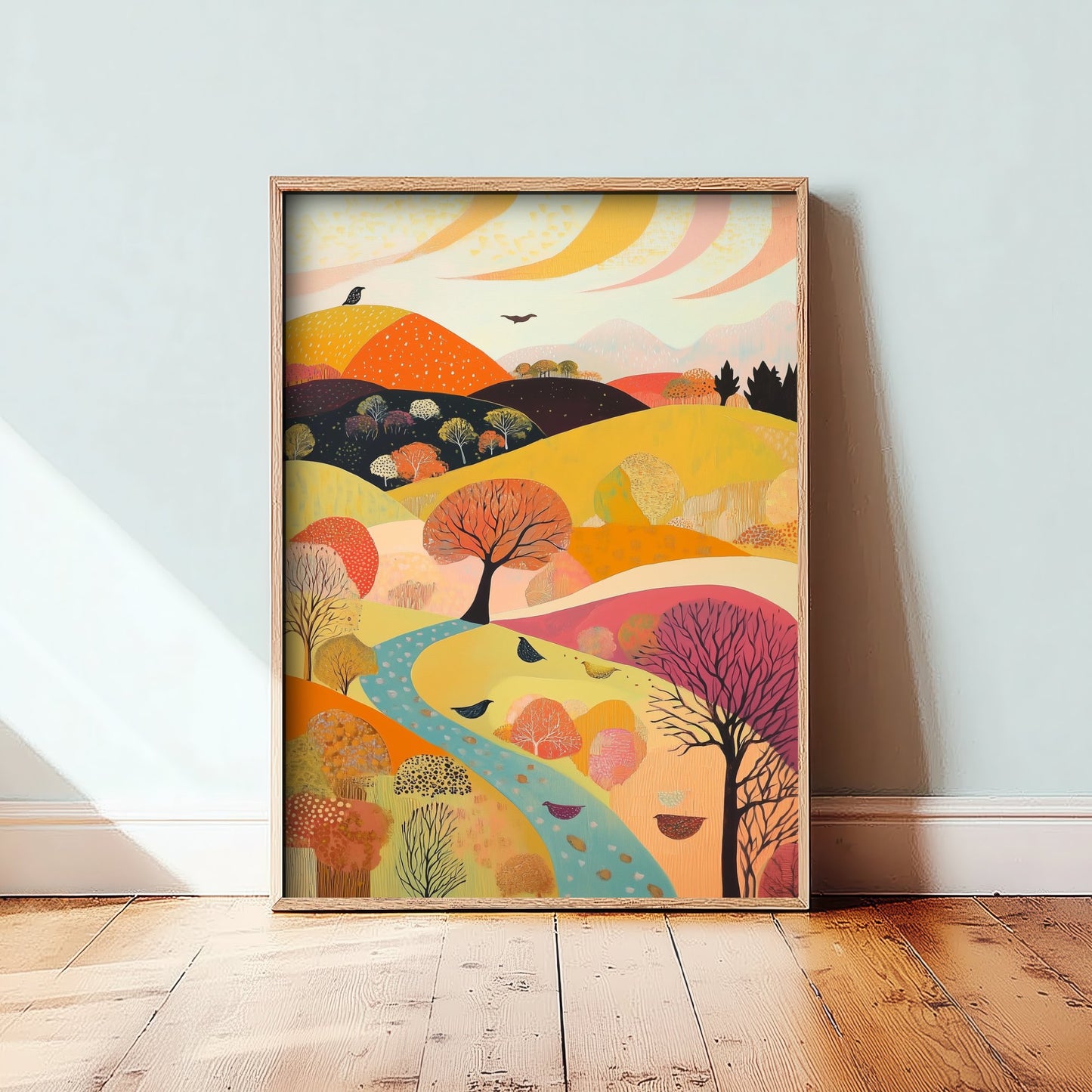 Rolling Hills Landscape Art Print - Butterfly Meadow Poster - Folk Art Painting - Purple Yellow Gold 1/3