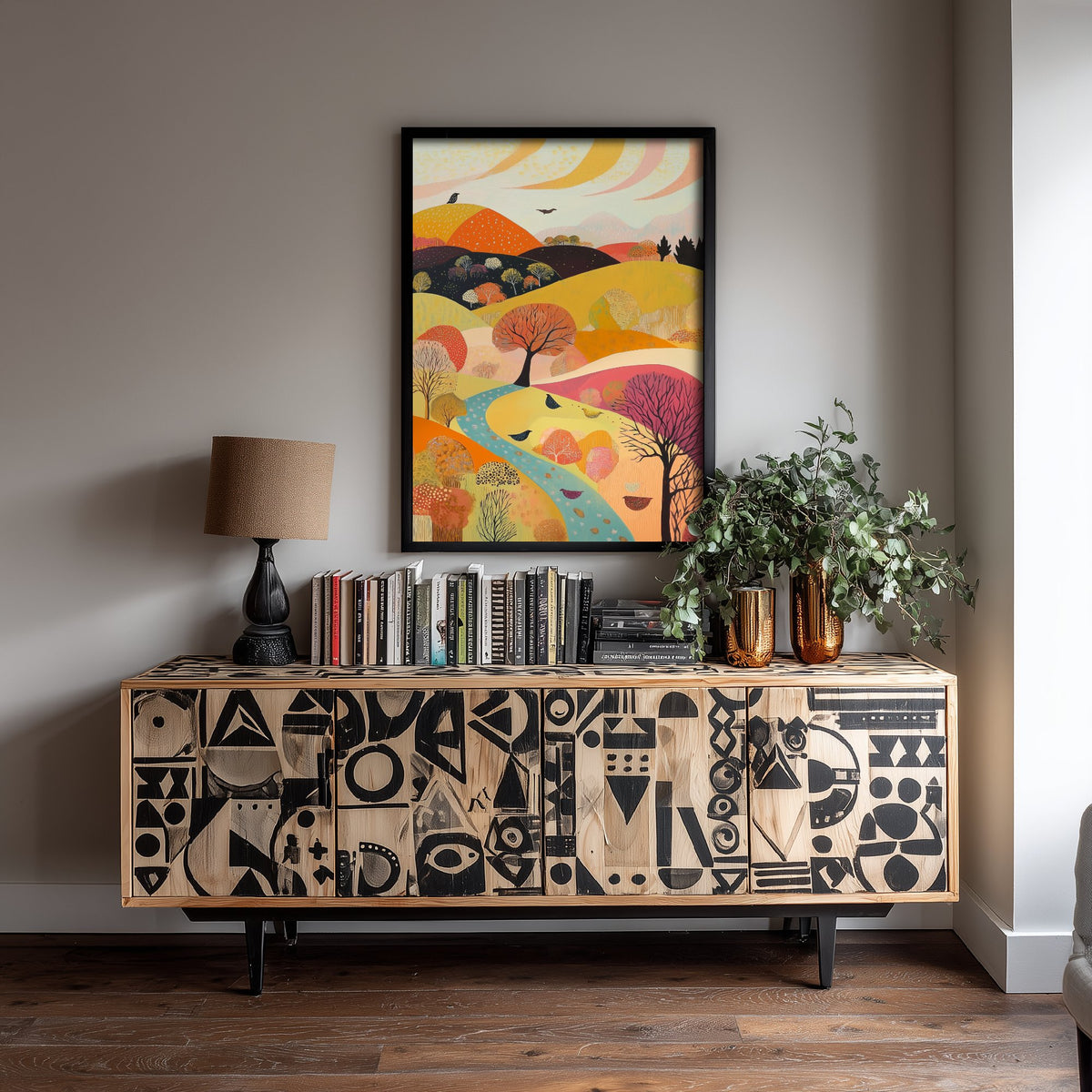 Rolling Hills Landscape Art Print - Butterfly Meadow Poster - Folk Art Painting - Purple Yellow Gold 1/3