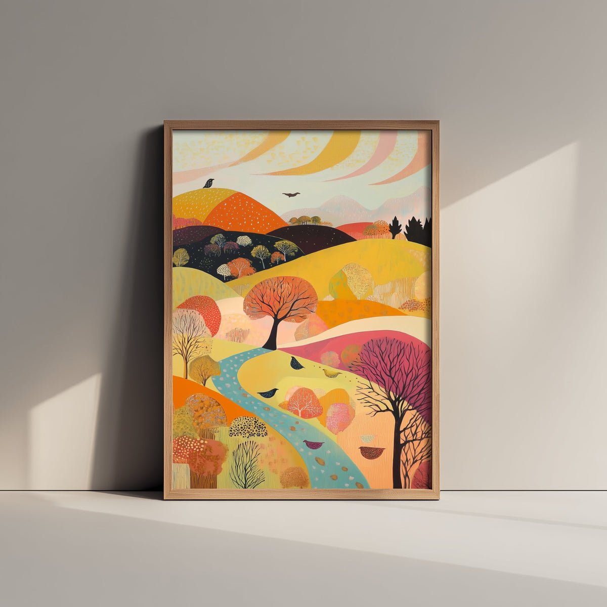 Rolling Hills Landscape Art Print - Butterfly Meadow Poster - Folk Art Painting - Purple Yellow Gold 1/3