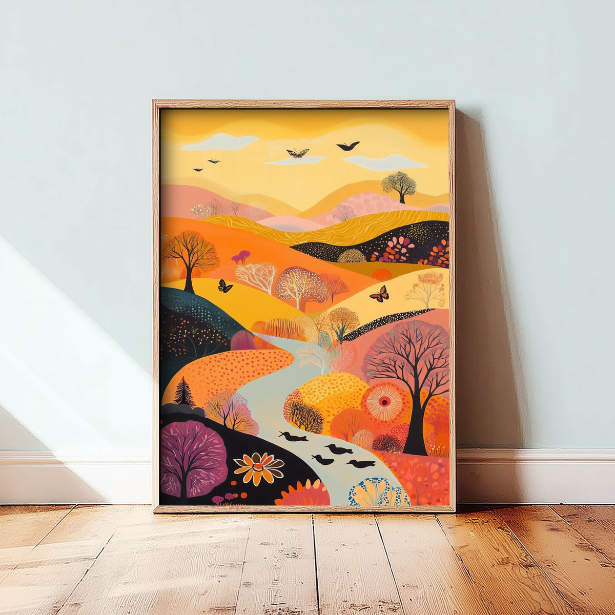 Rolling Hills Landscape Art Print - Butterfly Meadow Poster - Folk Art Painting - Purple Yellow Gold 2/3