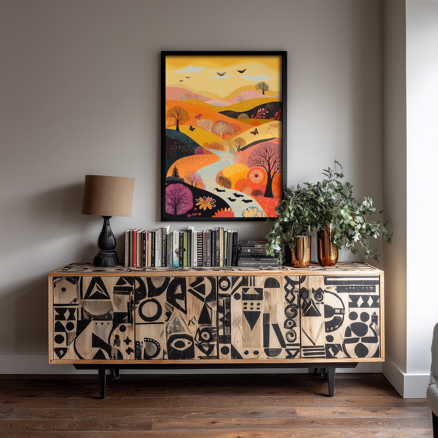 Rolling Hills Landscape Art Print - Butterfly Meadow Poster - Folk Art Painting - Purple Yellow Gold 2/3