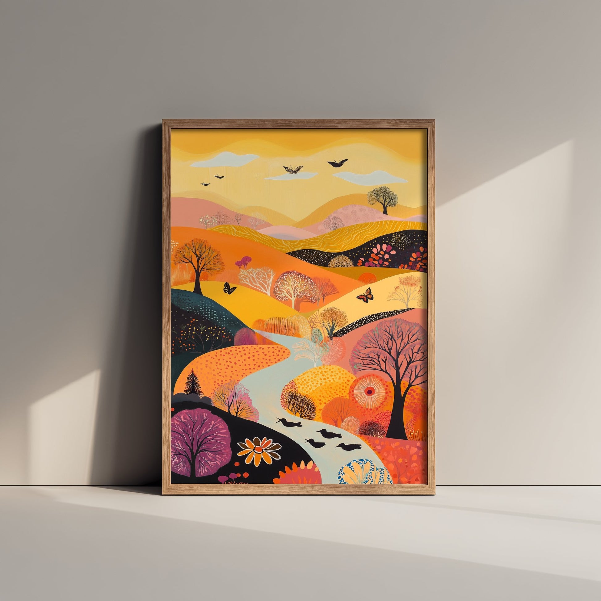 Rolling Hills Landscape Art Print - Butterfly Meadow Poster - Folk Art Painting - Purple Yellow Gold 2/3
