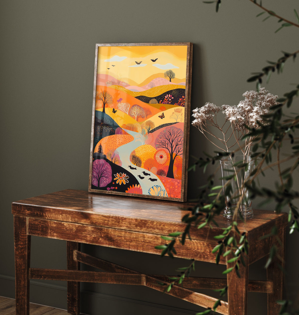 Rolling Hills Landscape Art Print - Butterfly Meadow Poster - Folk Art Painting - Purple Yellow Gold 2/3
