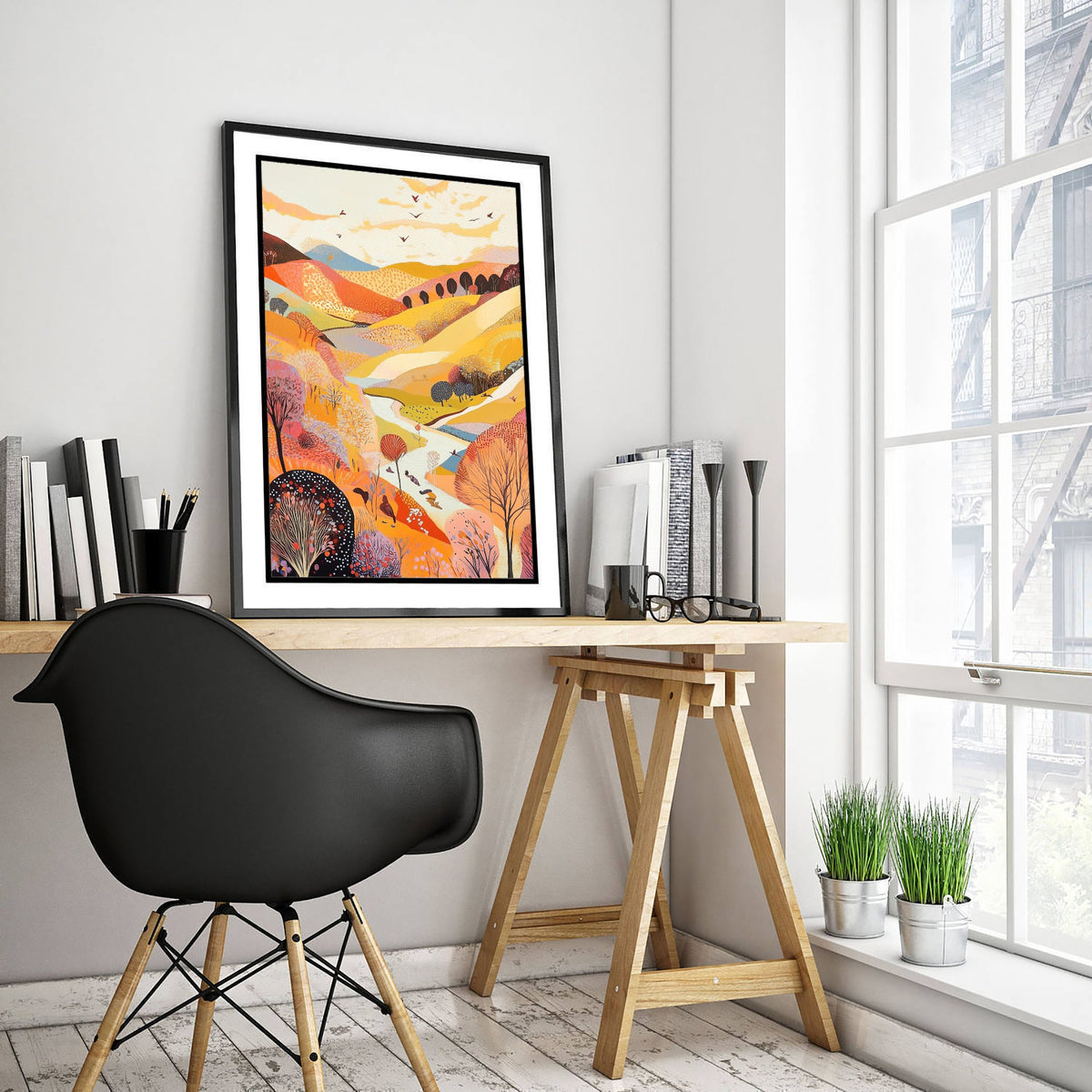 Rolling Hills Landscape Art Print - Butterfly Meadow Poster - Folk Art Painting - Purple Yellow Gold 3/3