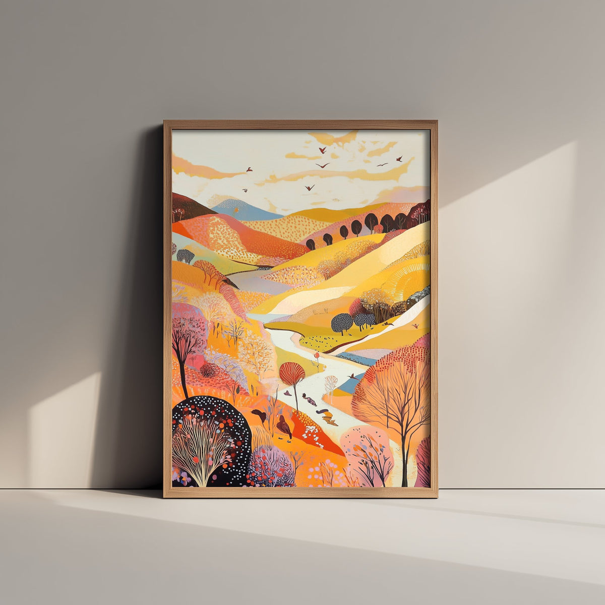 Rolling Hills Landscape Art Print - Butterfly Meadow Poster - Folk Art Painting - Purple Yellow Gold 3/3