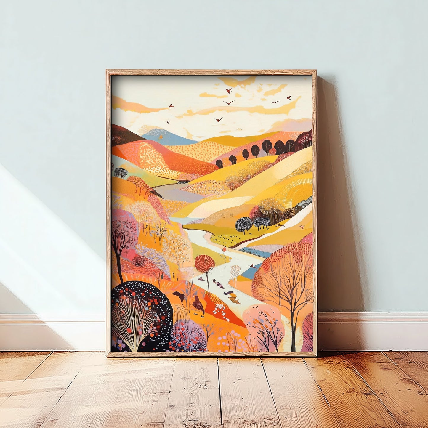 Rolling Hills Landscape Art Print - Butterfly Meadow Poster - Folk Art Painting - Purple Yellow Gold 3/3