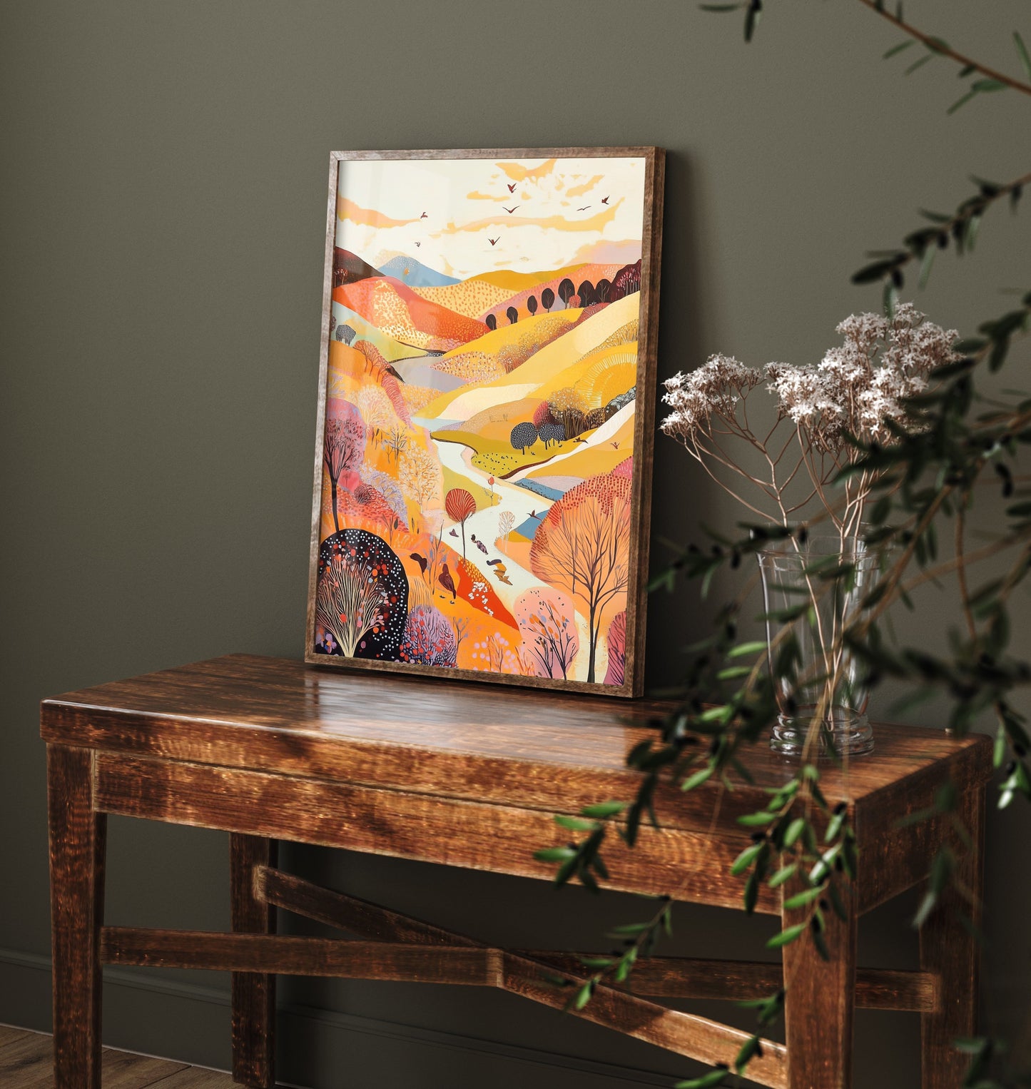 Rolling Hills Landscape Art Print - Butterfly Meadow Poster - Folk Art Painting - Purple Yellow Gold 3/3