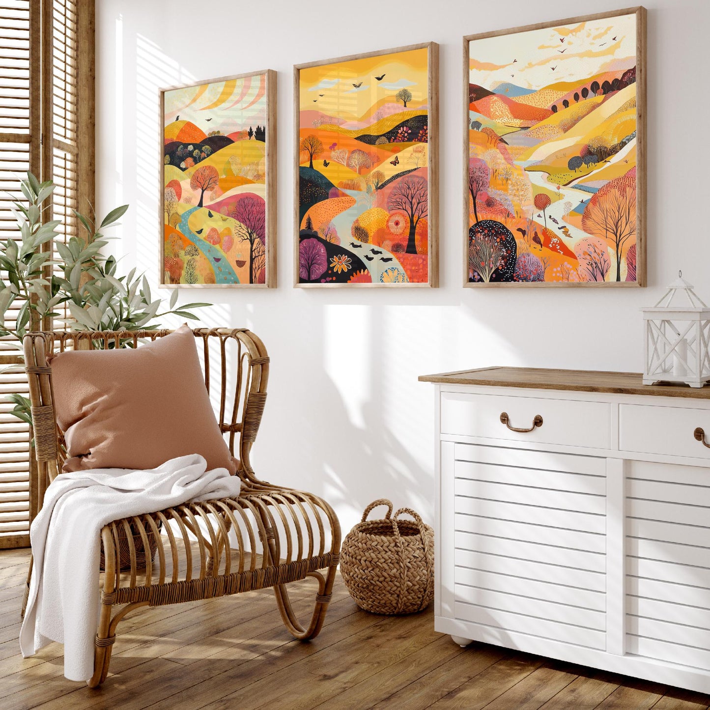 Rolling Hills Butterfly Set of Three Art Prints - Purple Yellow Gold - Folk Meadow Poster Illustration Gift