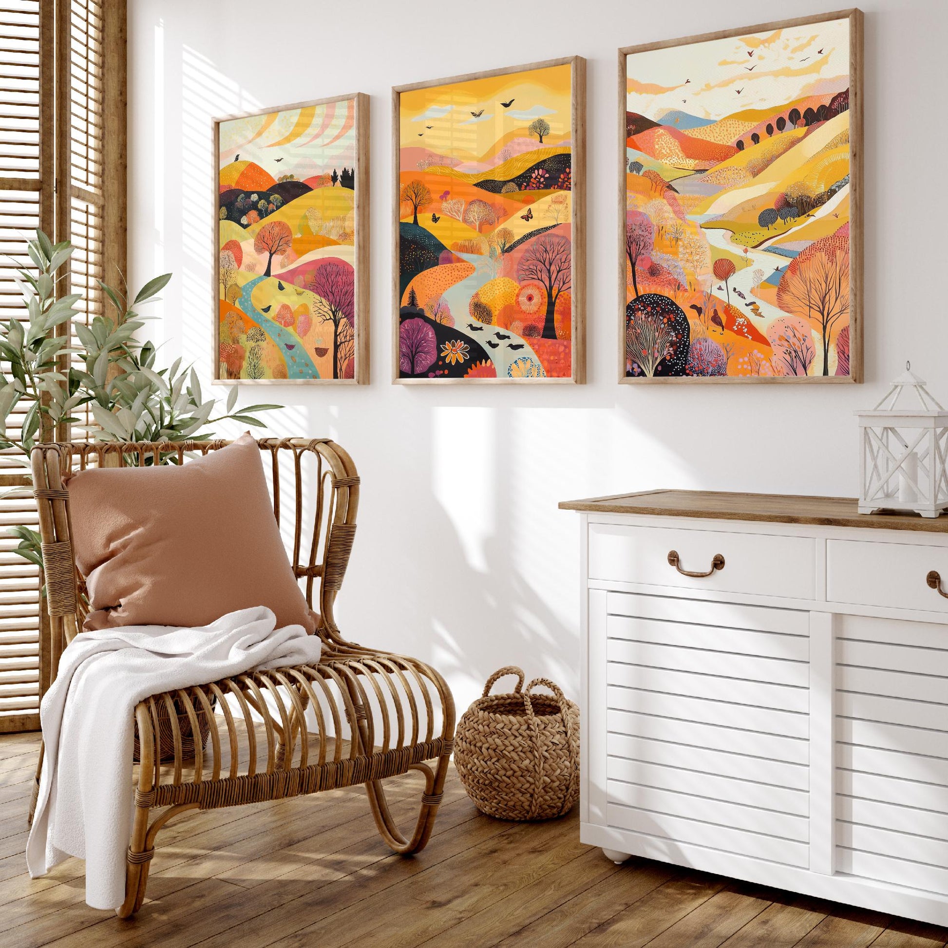 Rolling Hills Butterfly Set of Three Art Prints - Purple Yellow Gold - Folk Meadow Poster Illustration Gift