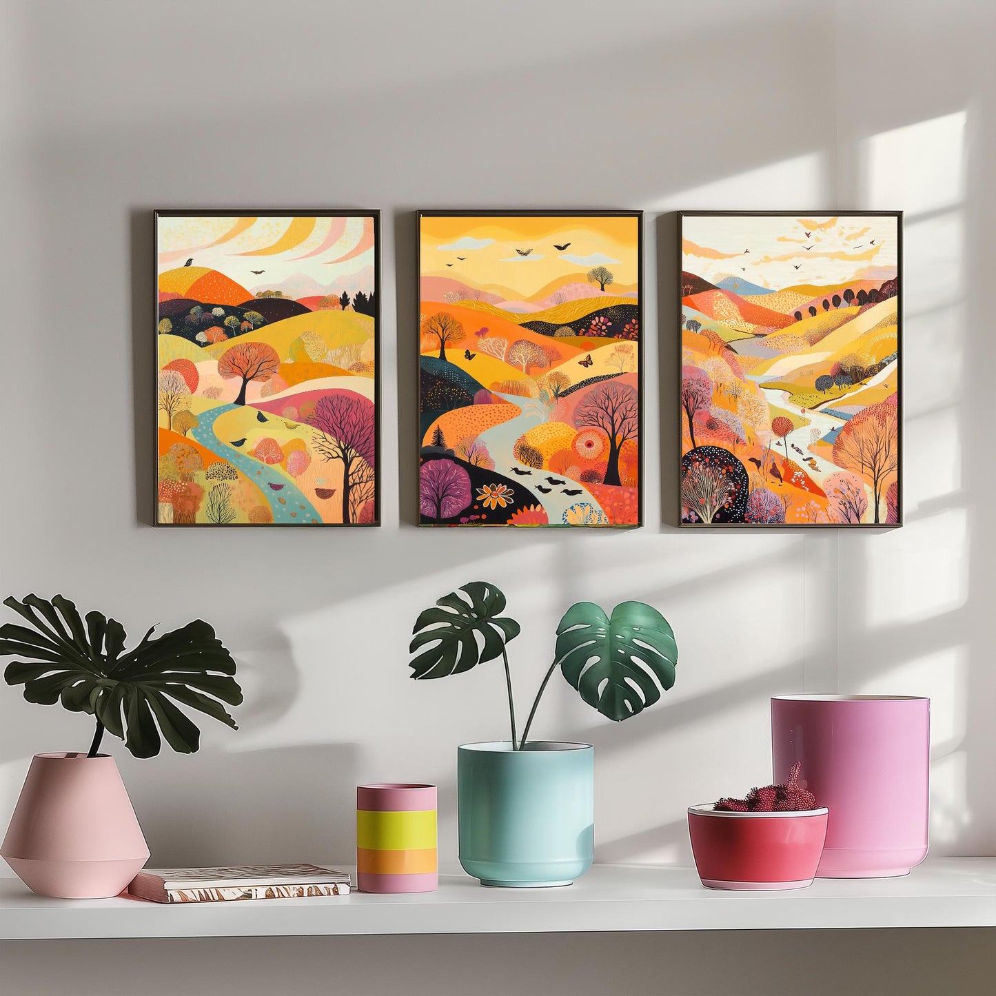 Rolling Hills Butterfly Set of Three Art Prints - Purple Yellow Gold - Folk Meadow Poster Illustration Gift