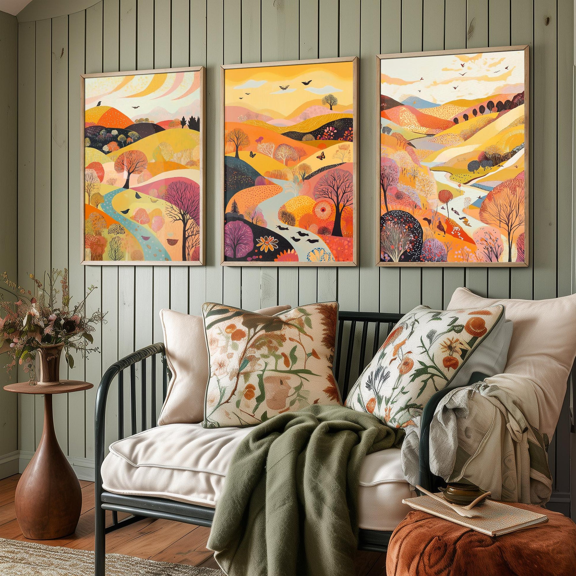 Rolling Hills Butterfly Set of Three Art Prints - Purple Yellow Gold - Folk Meadow Poster Illustration Gift