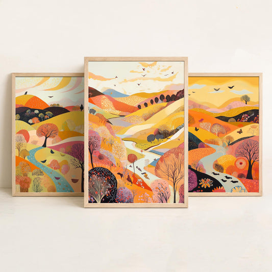 Rolling Hills Butterfly Set of Three Art Prints - Purple Yellow Gold - Folk Meadow Poster Illustration Gift