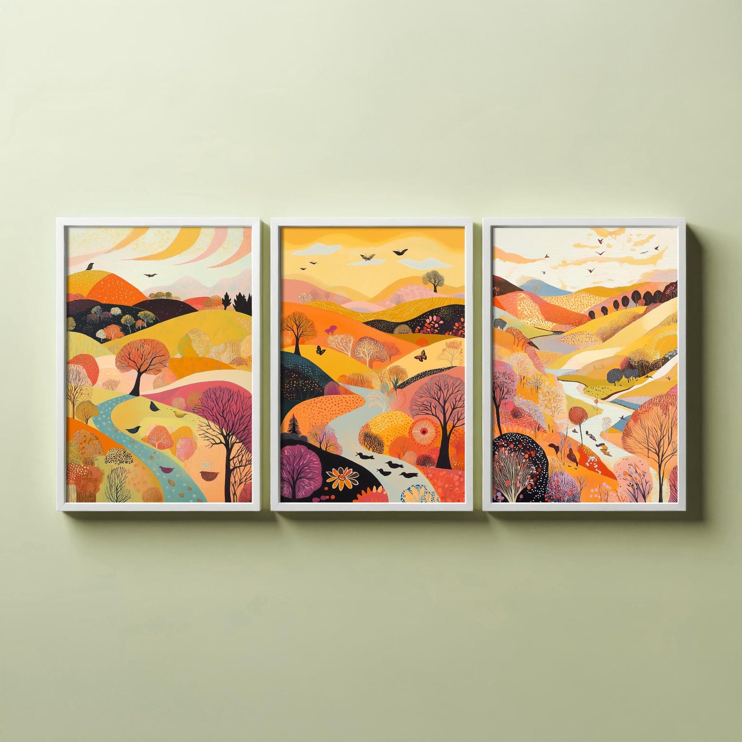 Rolling Hills Butterfly Set of Three Art Prints - Purple Yellow Gold - Folk Meadow Poster Illustration Gift