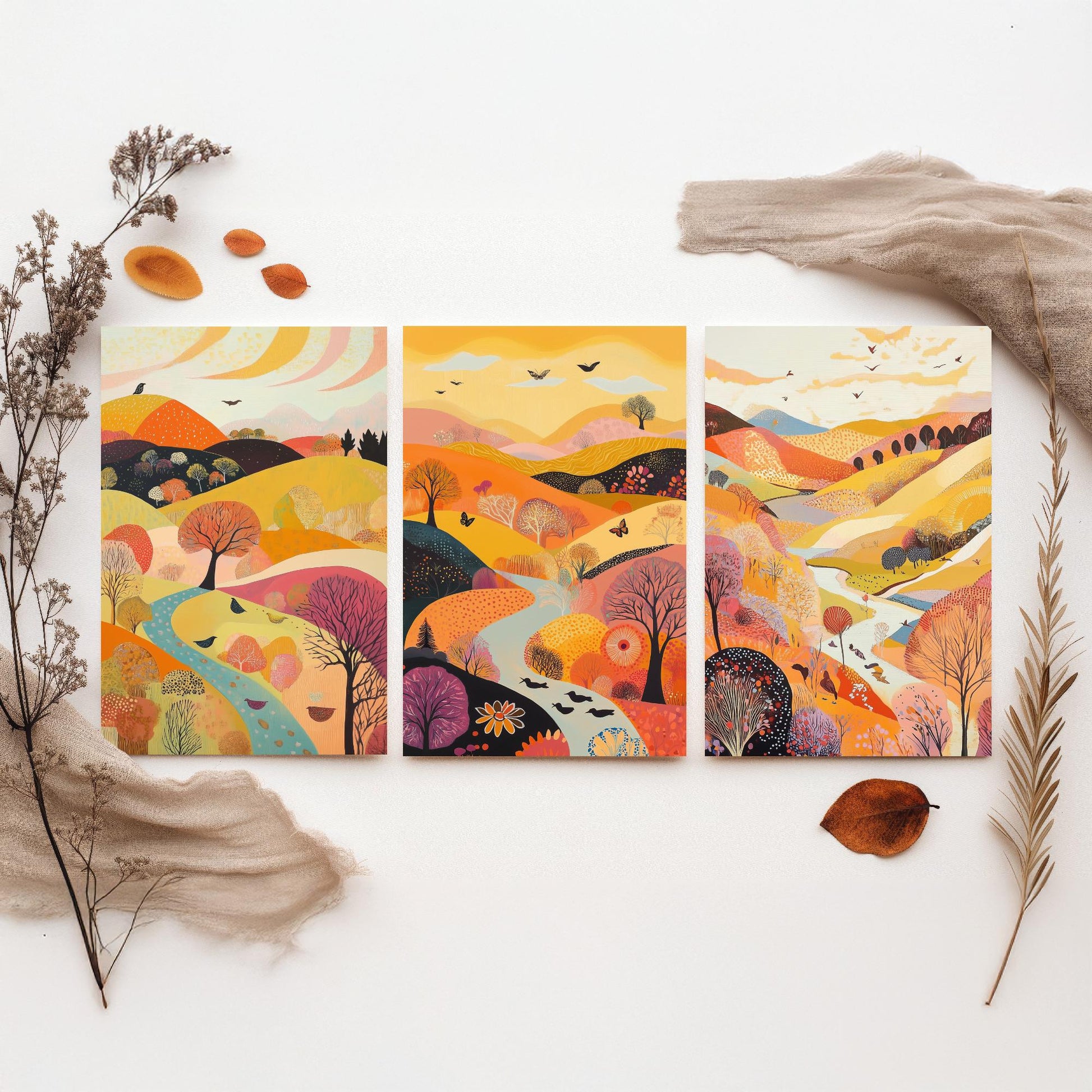 Rolling Hills Butterfly Set of Three Art Prints - Purple Yellow Gold - Folk Meadow Poster Illustration Gift