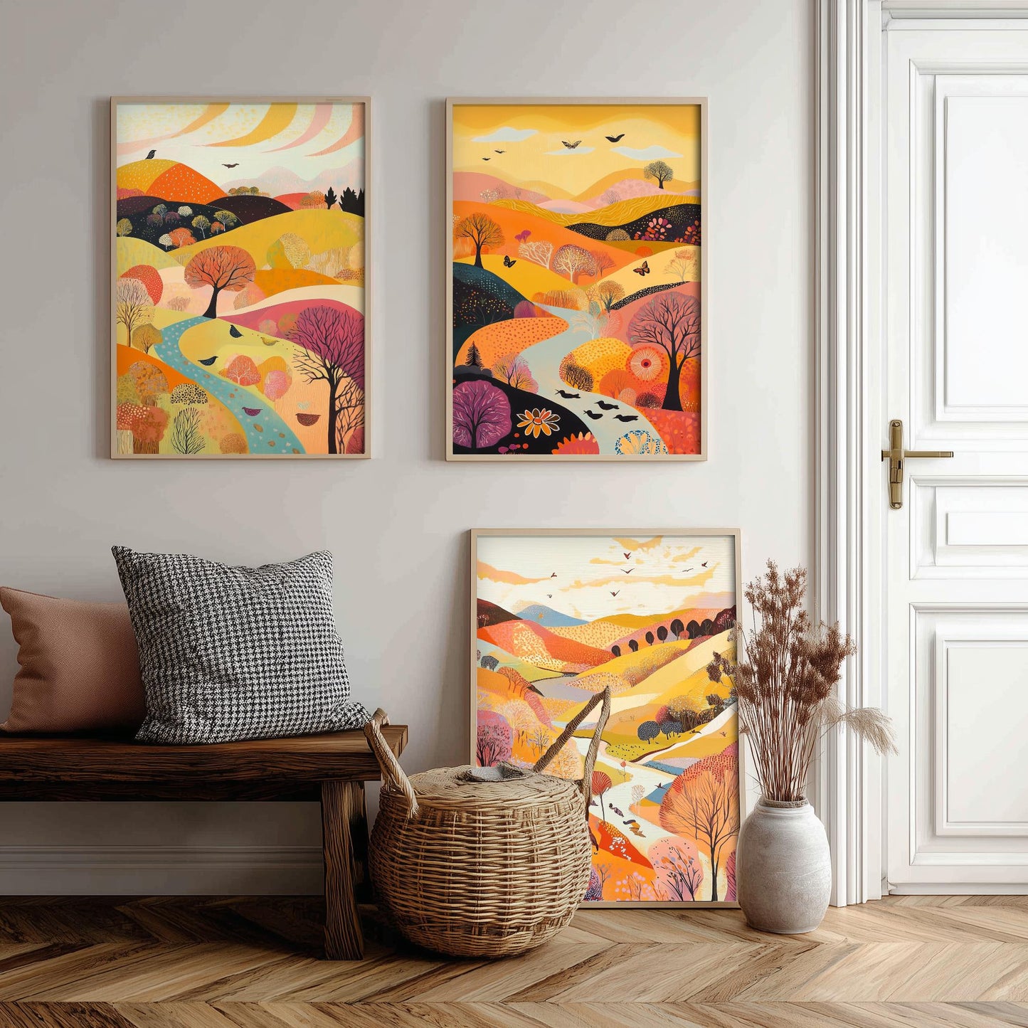Rolling Hills Butterfly Set of Three Art Prints - Purple Yellow Gold - Folk Meadow Poster Illustration Gift