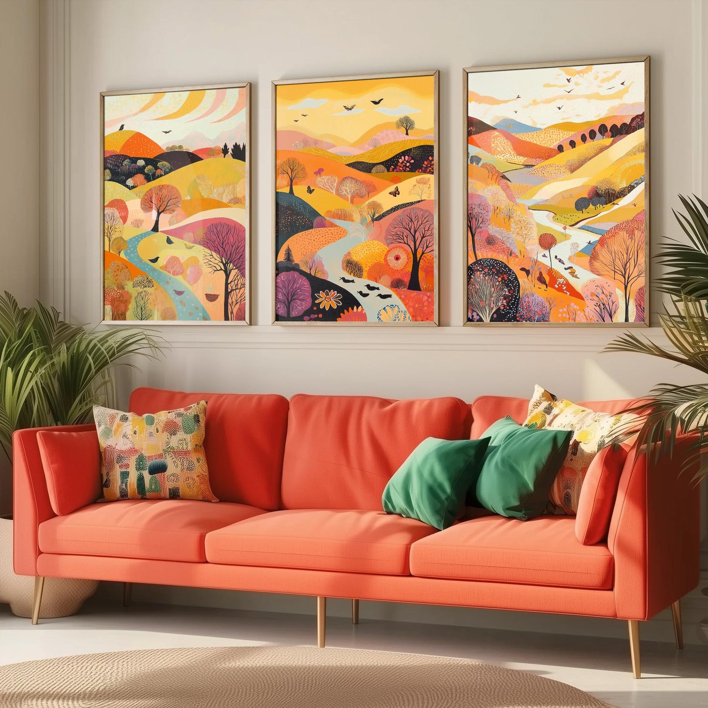 Rolling Hills Butterfly Set of Three Art Prints - Purple Yellow Gold - Folk Meadow Poster Illustration Gift