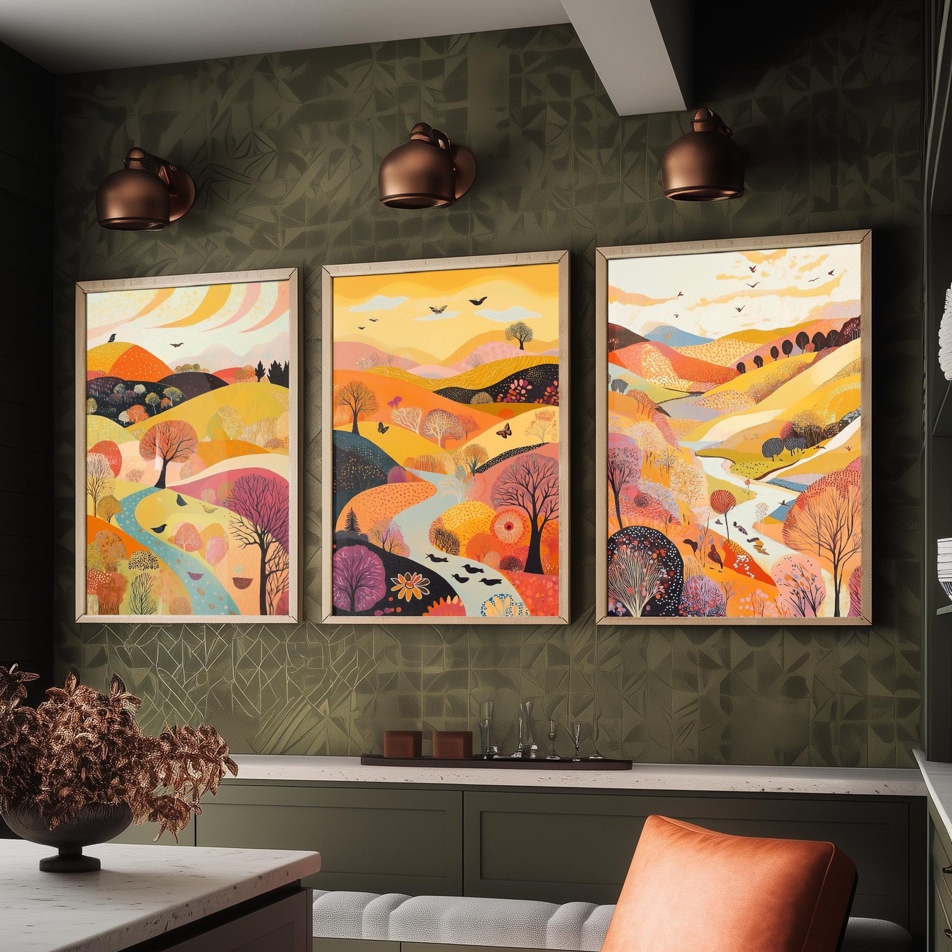 Rolling Hills Butterfly Set of Three Art Prints - Purple Yellow Gold - Folk Meadow Poster Illustration Gift