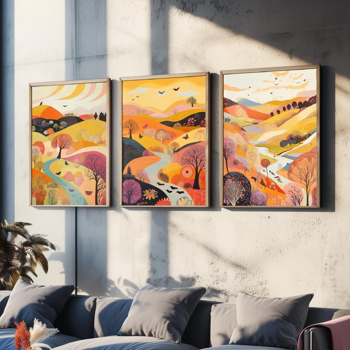 Rolling Hills Butterfly Set of Three Art Prints - Purple Yellow Gold - Folk Meadow Poster Illustration Gift