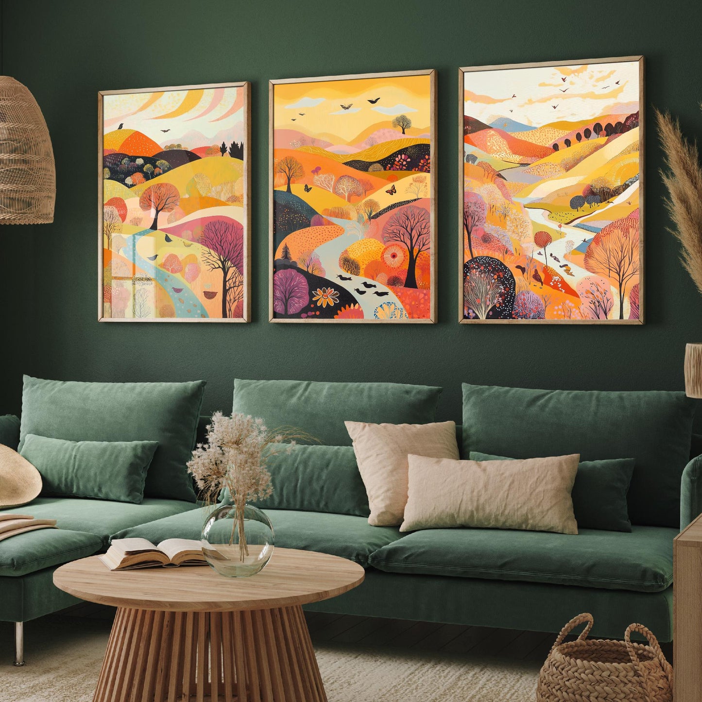 Rolling Hills Butterfly Set of Three Art Prints - Purple Yellow Gold - Folk Meadow Poster Illustration Gift