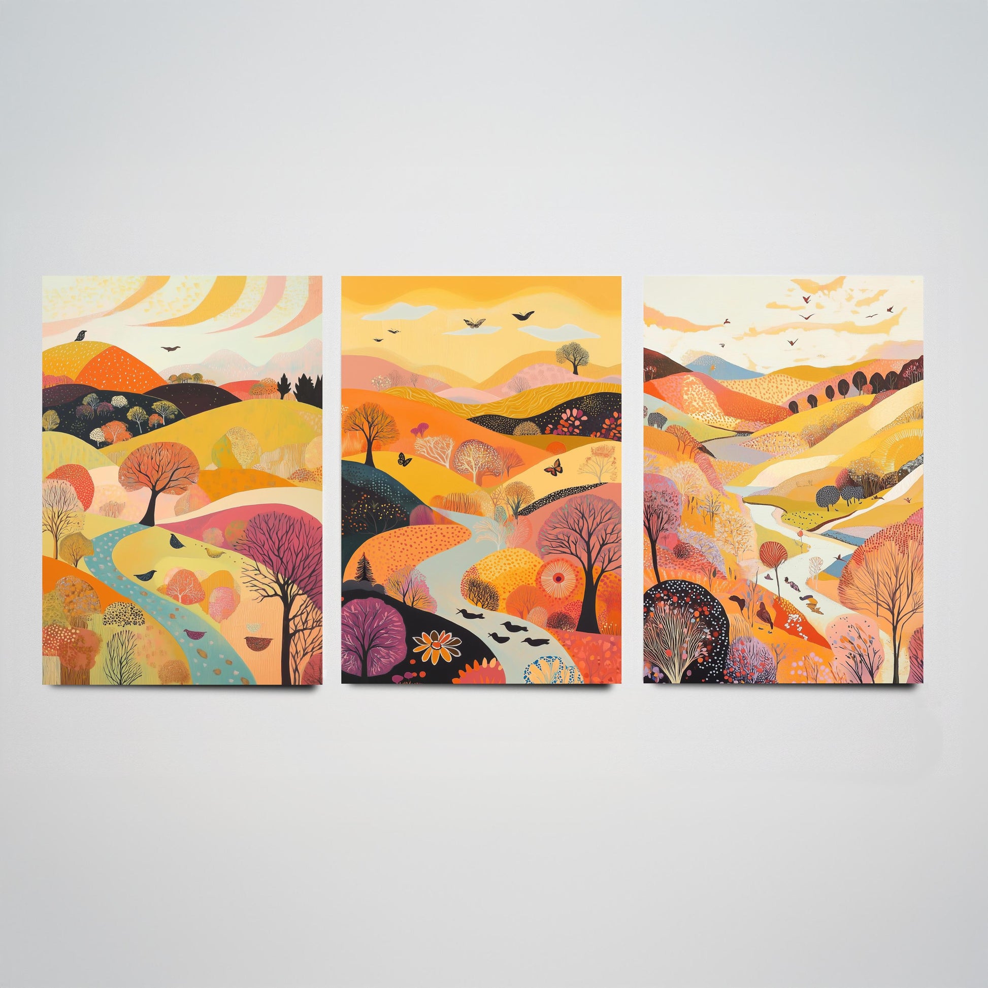 Rolling Hills Butterfly Set of Three Art Prints - Purple Yellow Gold - Folk Meadow Poster Illustration Gift