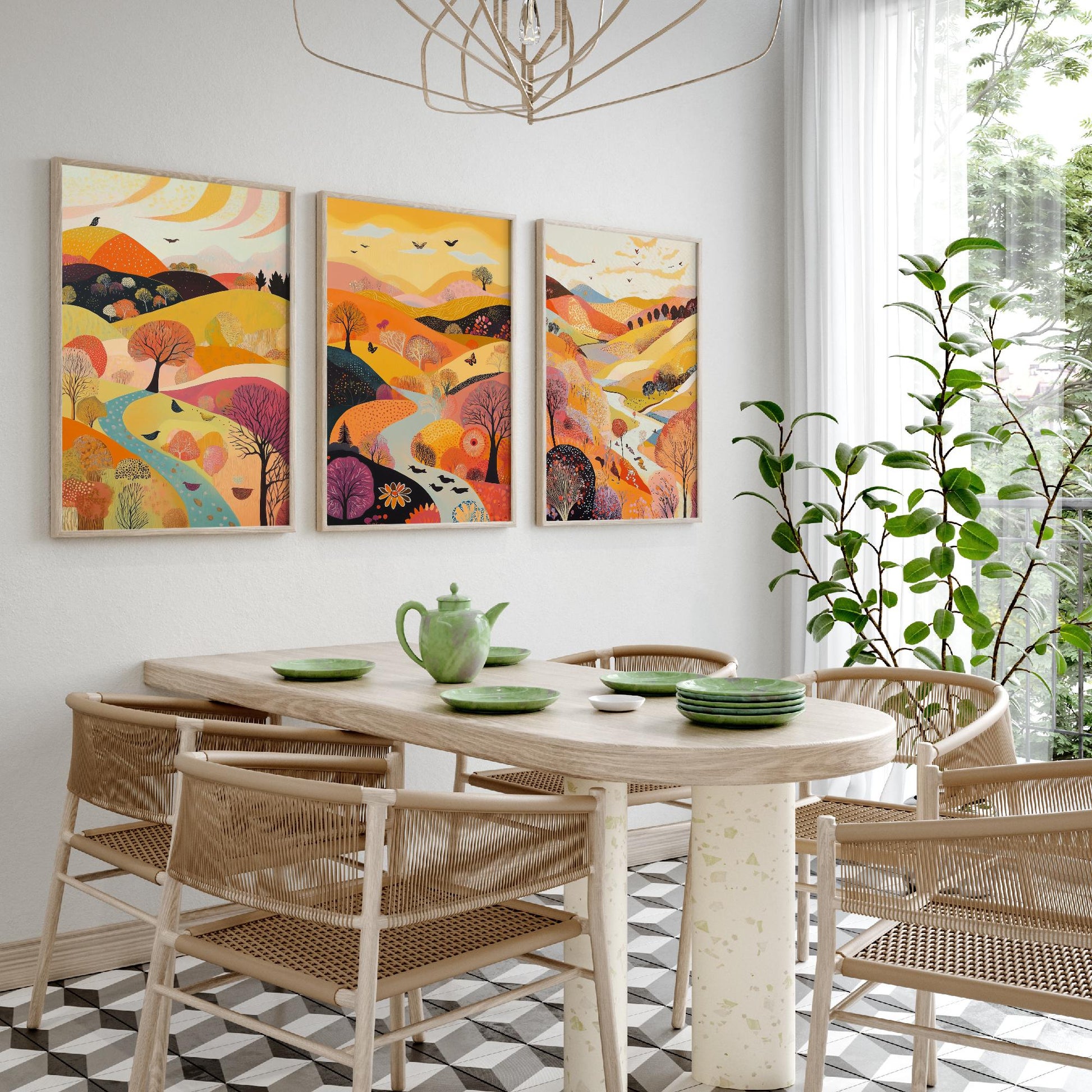 Rolling Hills Butterfly Set of Three Art Prints - Purple Yellow Gold - Folk Meadow Poster Illustration Gift