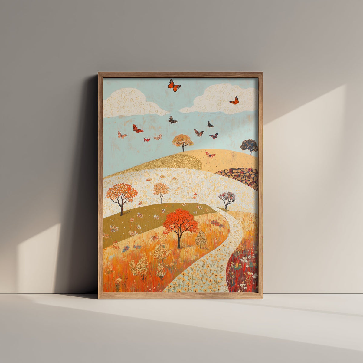 Rolling Hills Landscape Art Print - Butterfly Meadow Poster - Folk Art Painting - Russet Mint and Porcelain 1/3