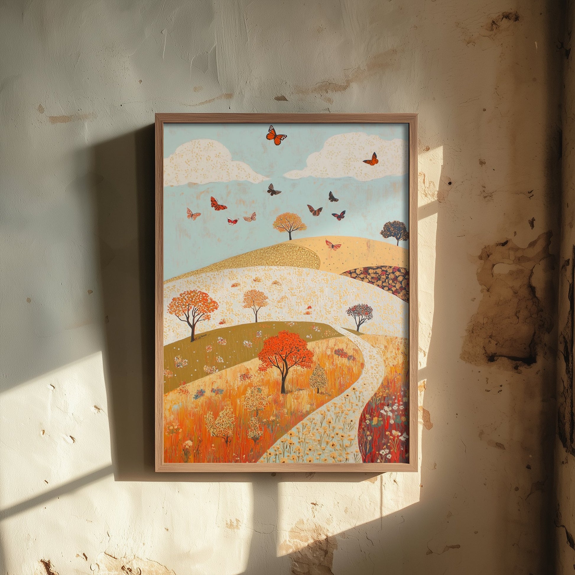 Rolling Hills Landscape Art Print - Butterfly Meadow Poster - Folk Art Painting - Russet Mint and Porcelain 1/3