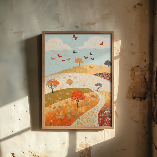 Rolling Hills Landscape Art Print - Butterfly Meadow Poster - Folk Art Painting - Russet Mint and Porcelain 1/3