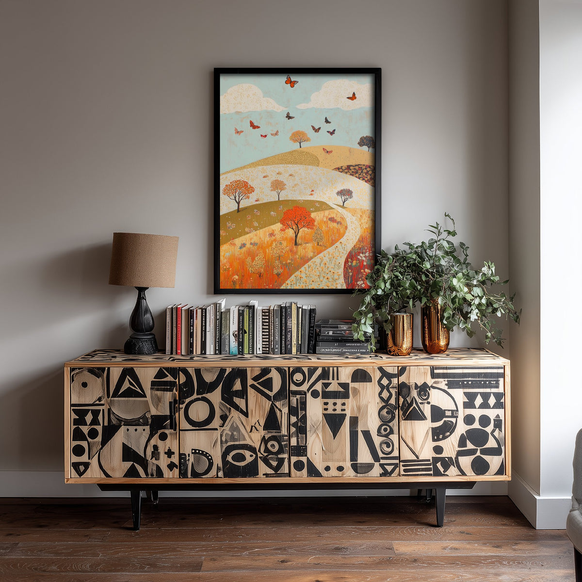 Rolling Hills Landscape Art Print - Butterfly Meadow Poster - Folk Art Painting - Russet Mint and Porcelain 1/3