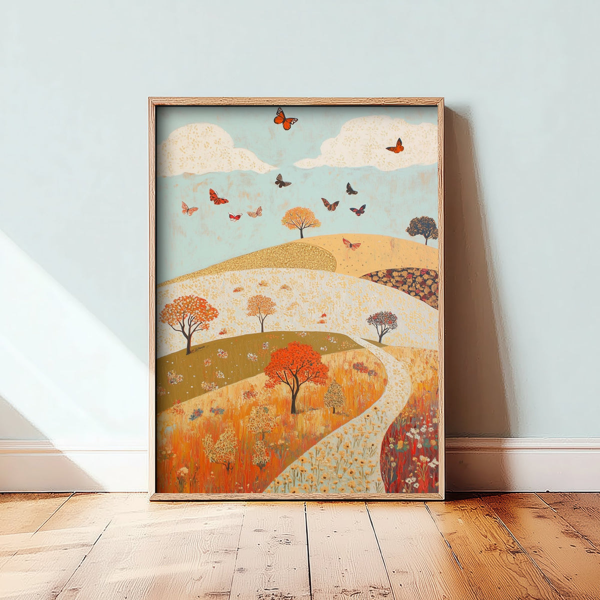 Rolling Hills Landscape Art Print - Butterfly Meadow Poster - Folk Art Painting - Russet Mint and Porcelain 1/3