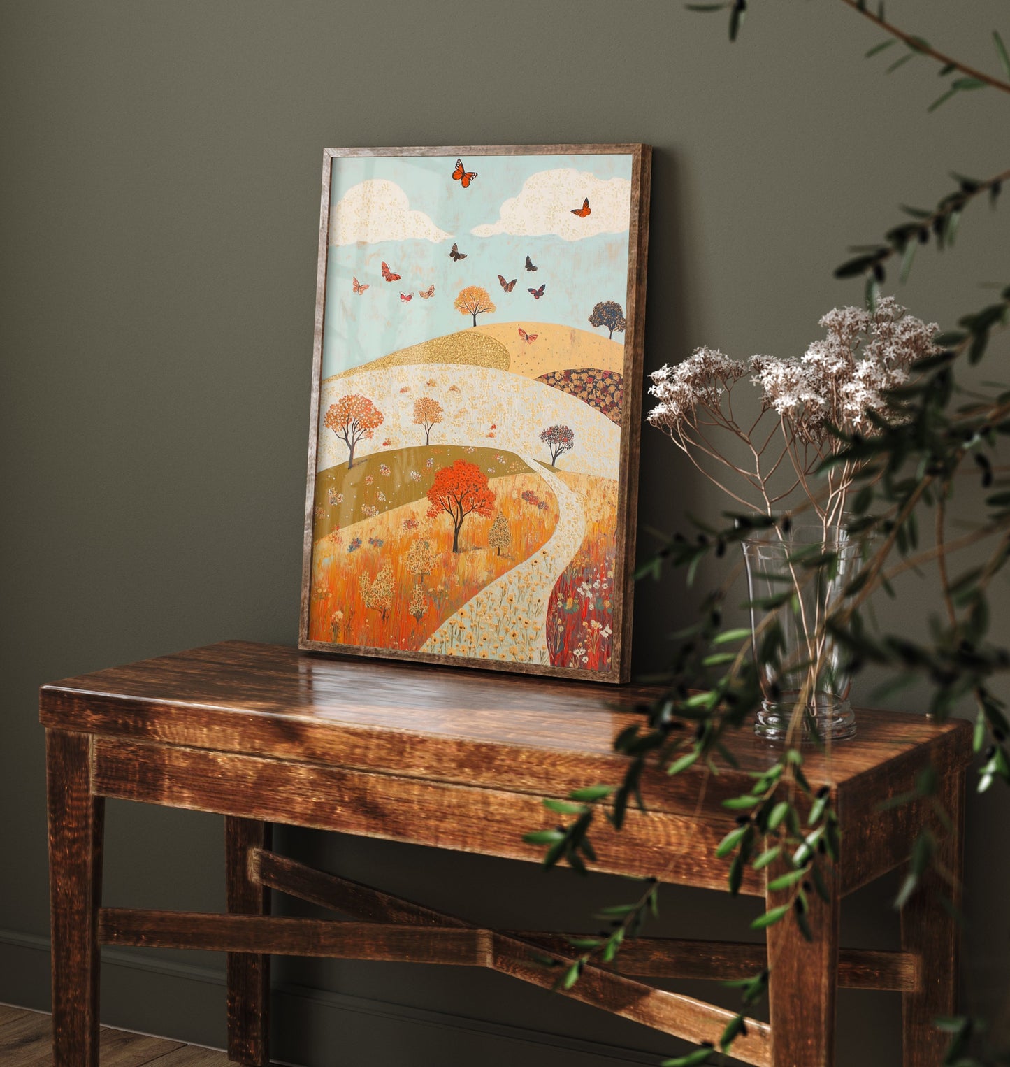 Rolling Hills Landscape Art Print - Butterfly Meadow Poster - Folk Art Painting - Russet Mint and Porcelain 1/3
