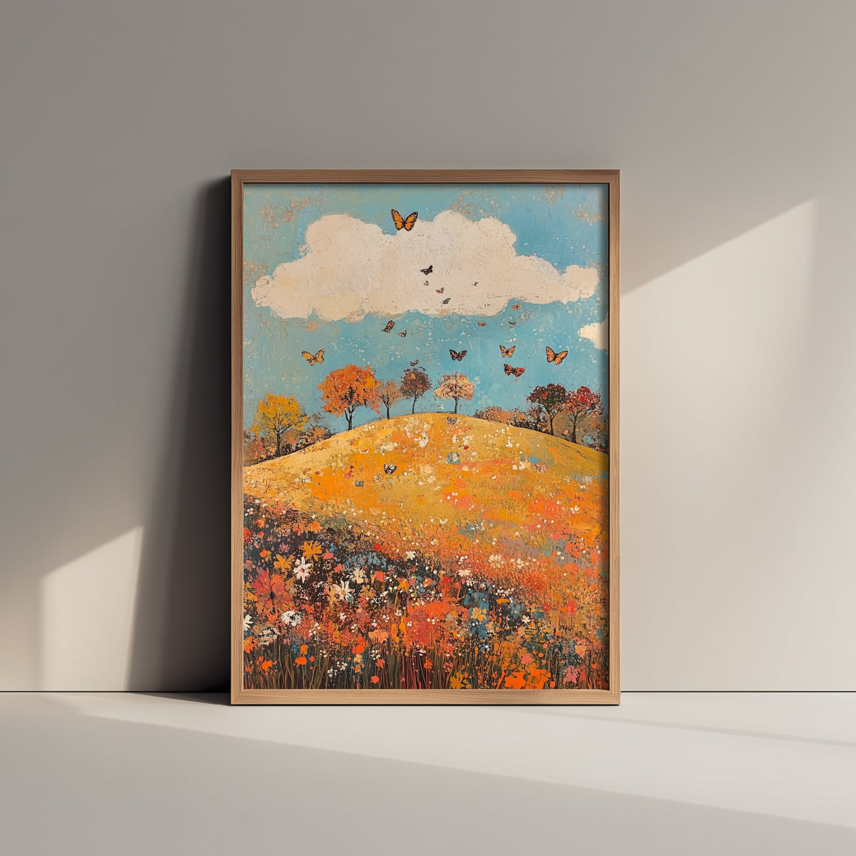 Rolling Hills Landscape Art Print - Butterfly Meadow Poster - Folk Art Painting - Russet Mint and Porcelain 2/3