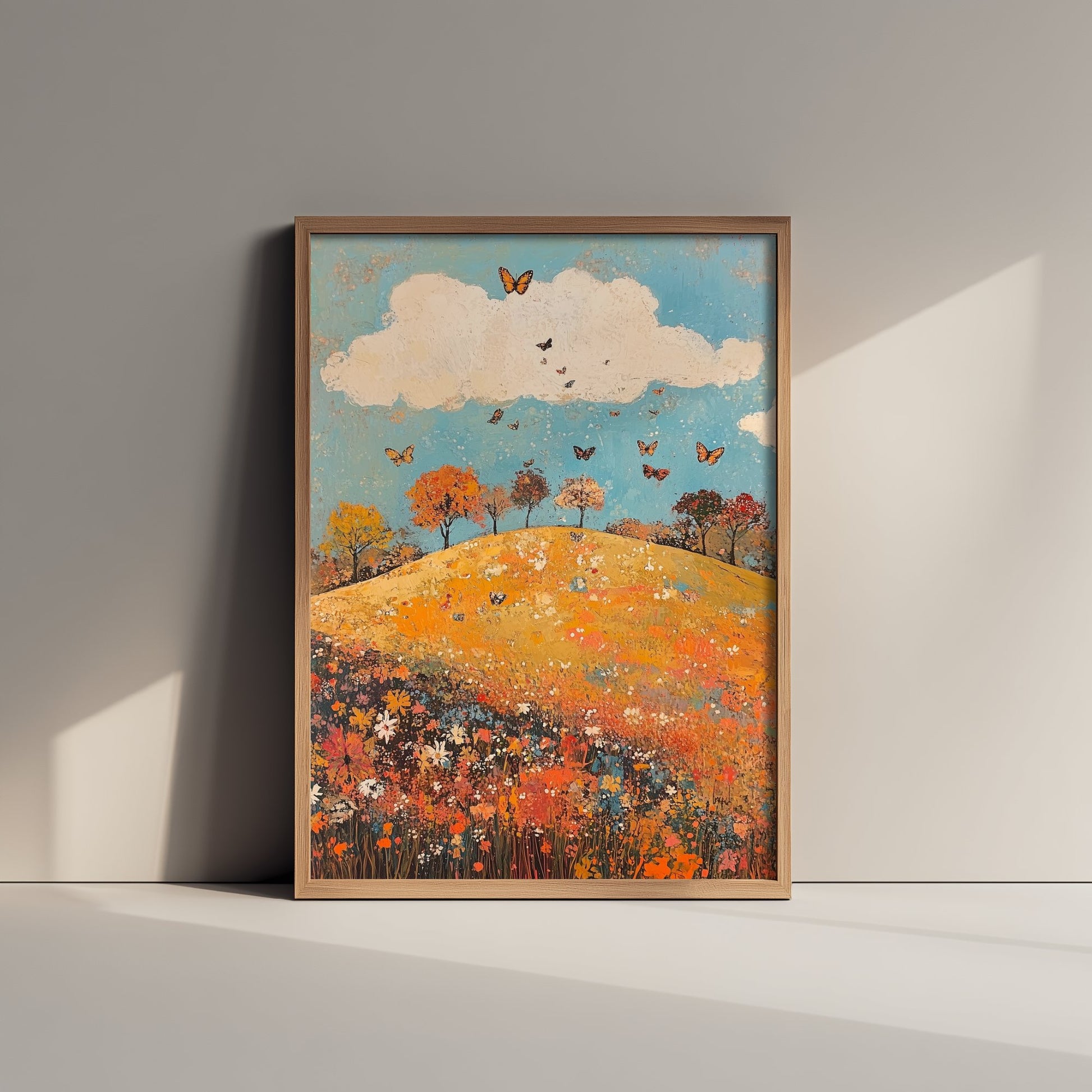 Rolling Hills Landscape Art Print - Butterfly Meadow Poster - Folk Art Painting - Russet Mint and Porcelain 2/3