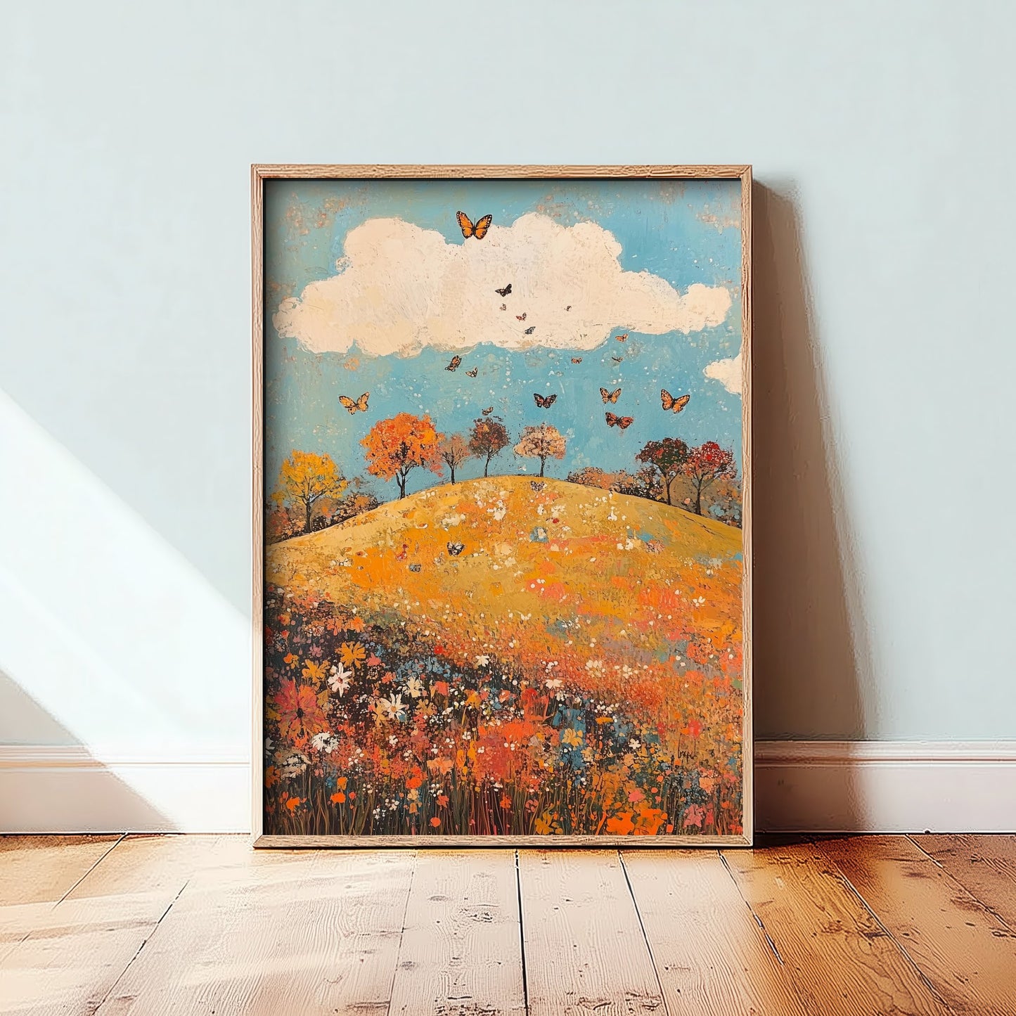 Rolling Hills Landscape Art Print - Butterfly Meadow Poster - Folk Art Painting - Russet Mint and Porcelain 2/3