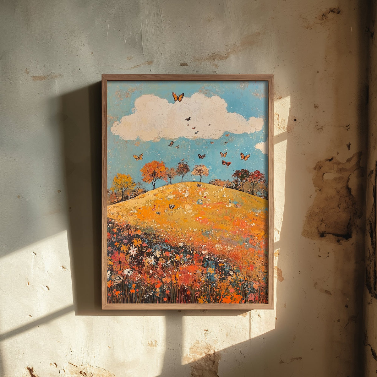 Rolling Hills Landscape Art Print - Butterfly Meadow Poster - Folk Art Painting - Russet Mint and Porcelain 2/3