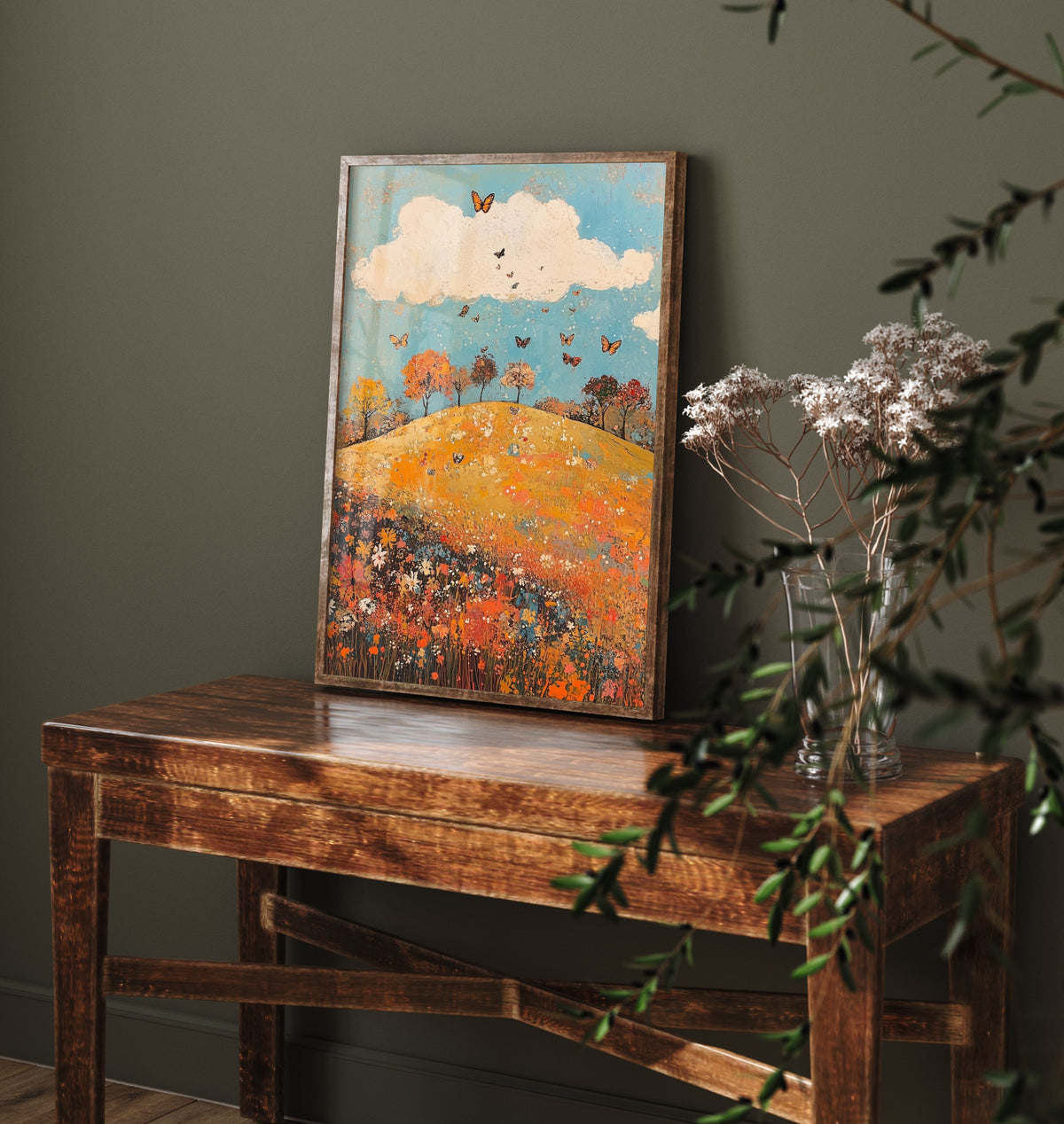 Rolling Hills Landscape Art Print - Butterfly Meadow Poster - Folk Art Painting - Russet Mint and Porcelain 2/3