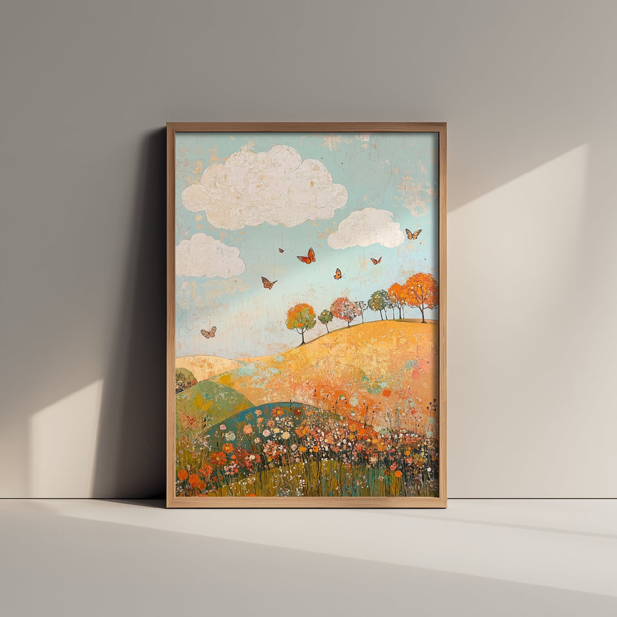 Rolling Hills Landscape Art Print - Butterfly Meadow Poster - Folk Art Painting - Russet Mint and Porcelain 3/3
