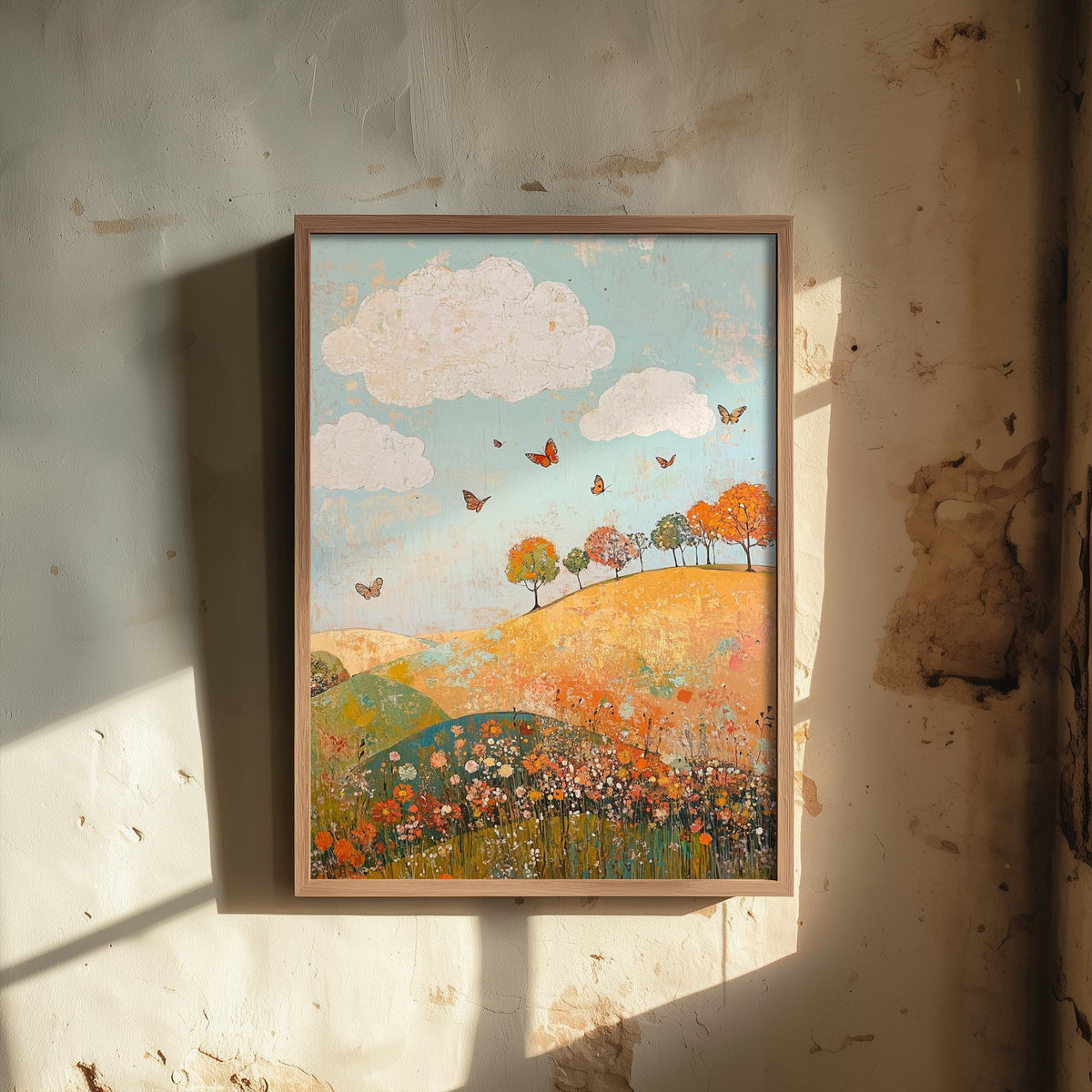 Rolling Hills Landscape Art Print - Butterfly Meadow Poster - Folk Art Painting - Russet Mint and Porcelain 3/3