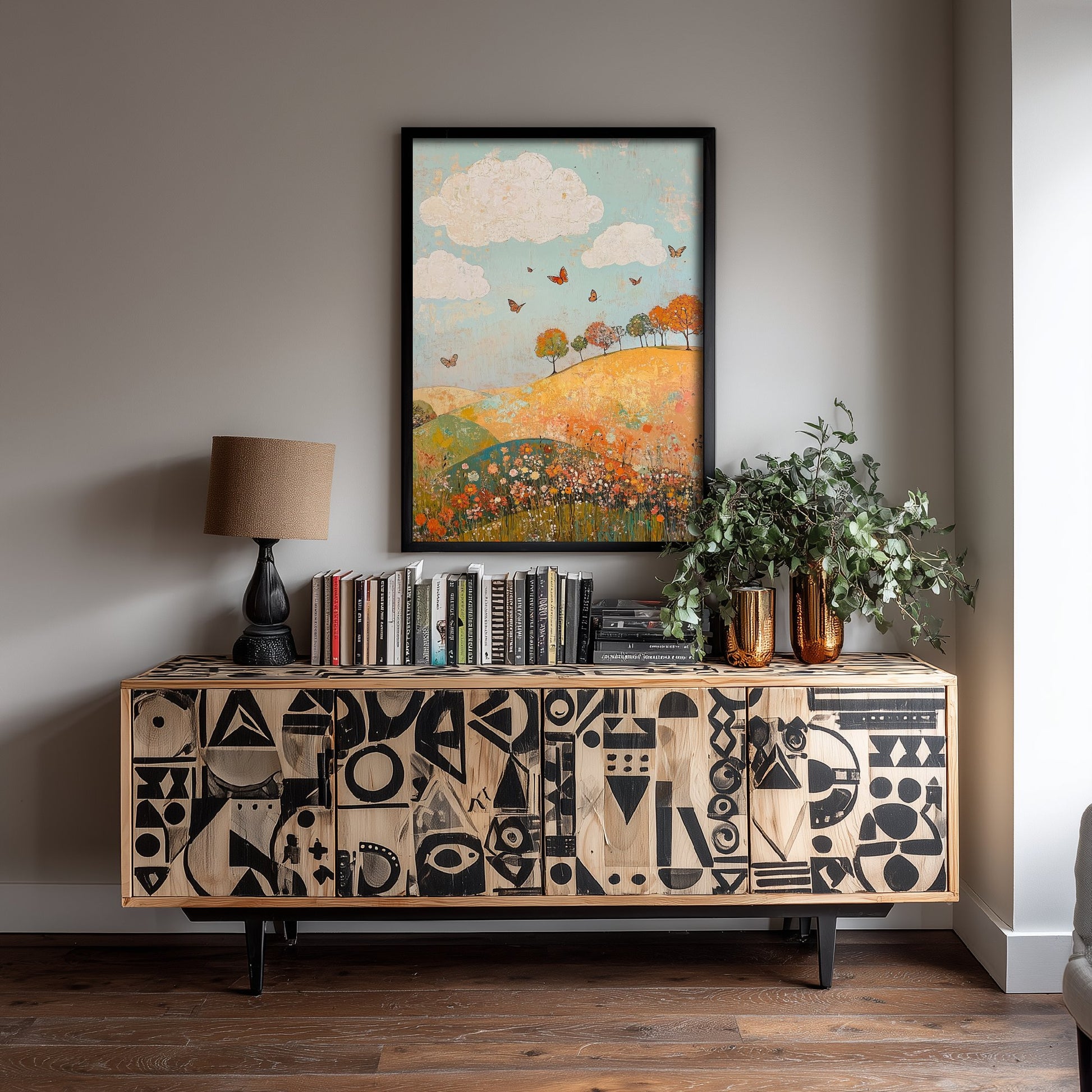 Rolling Hills Landscape Art Print - Butterfly Meadow Poster - Folk Art Painting - Russet Mint and Porcelain 3/3