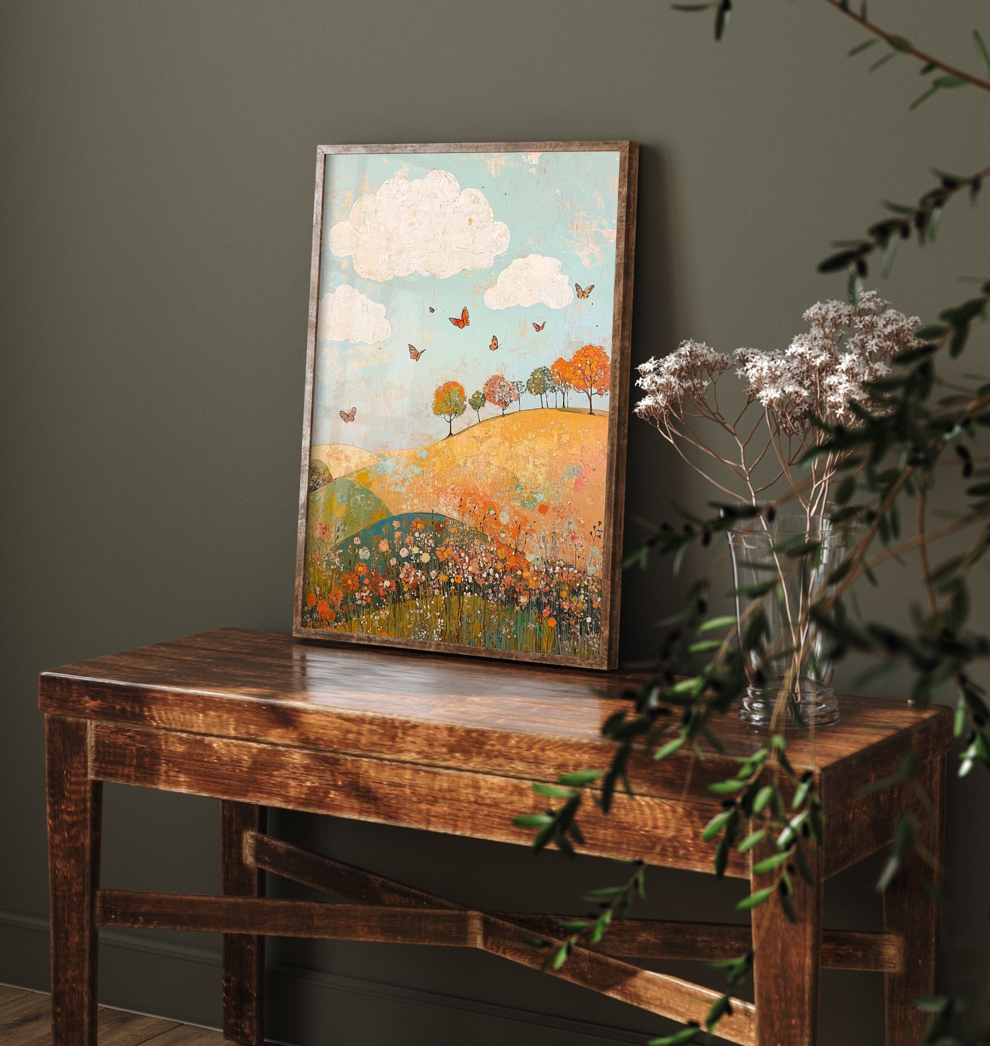 Rolling Hills Landscape Art Print - Butterfly Meadow Poster - Folk Art Painting - Russet Mint and Porcelain 3/3