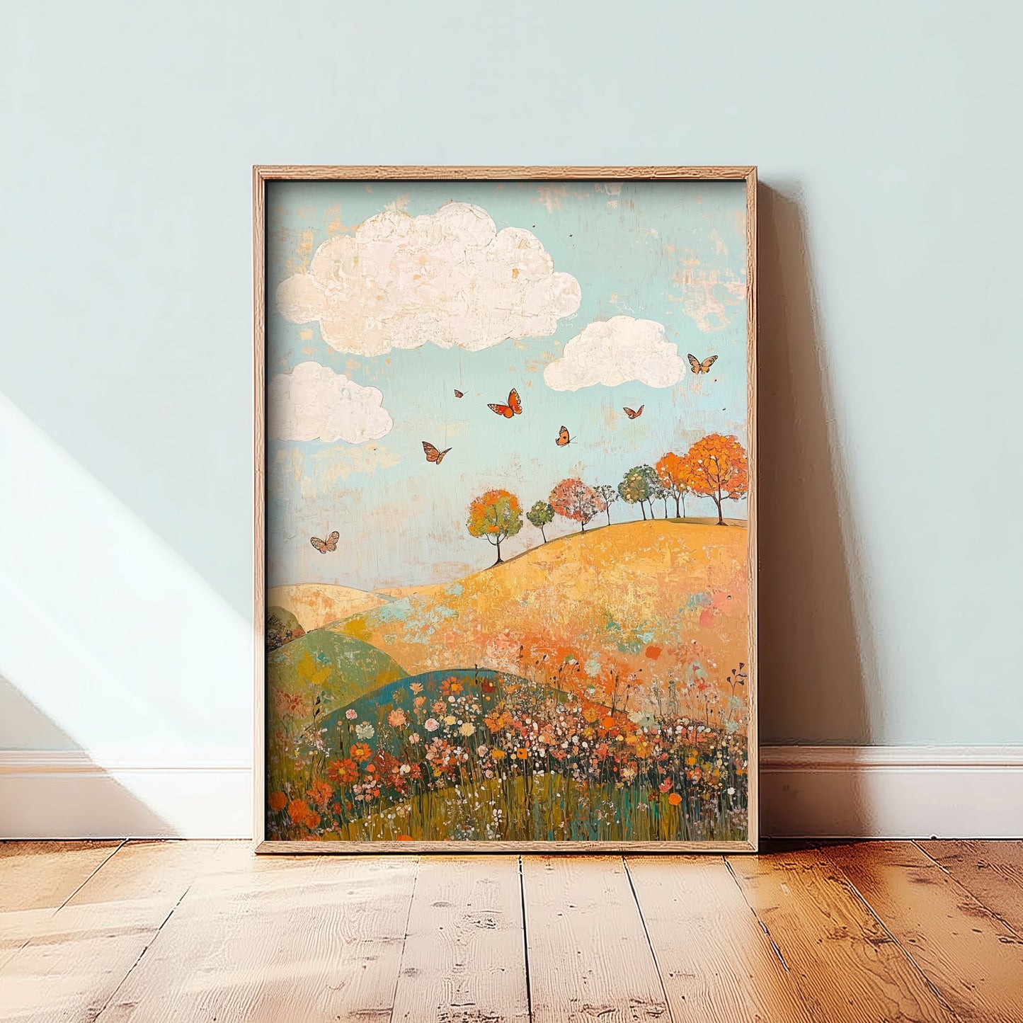 Rolling Hills Landscape Art Print - Butterfly Meadow Poster - Folk Art Painting - Russet Mint and Porcelain 3/3