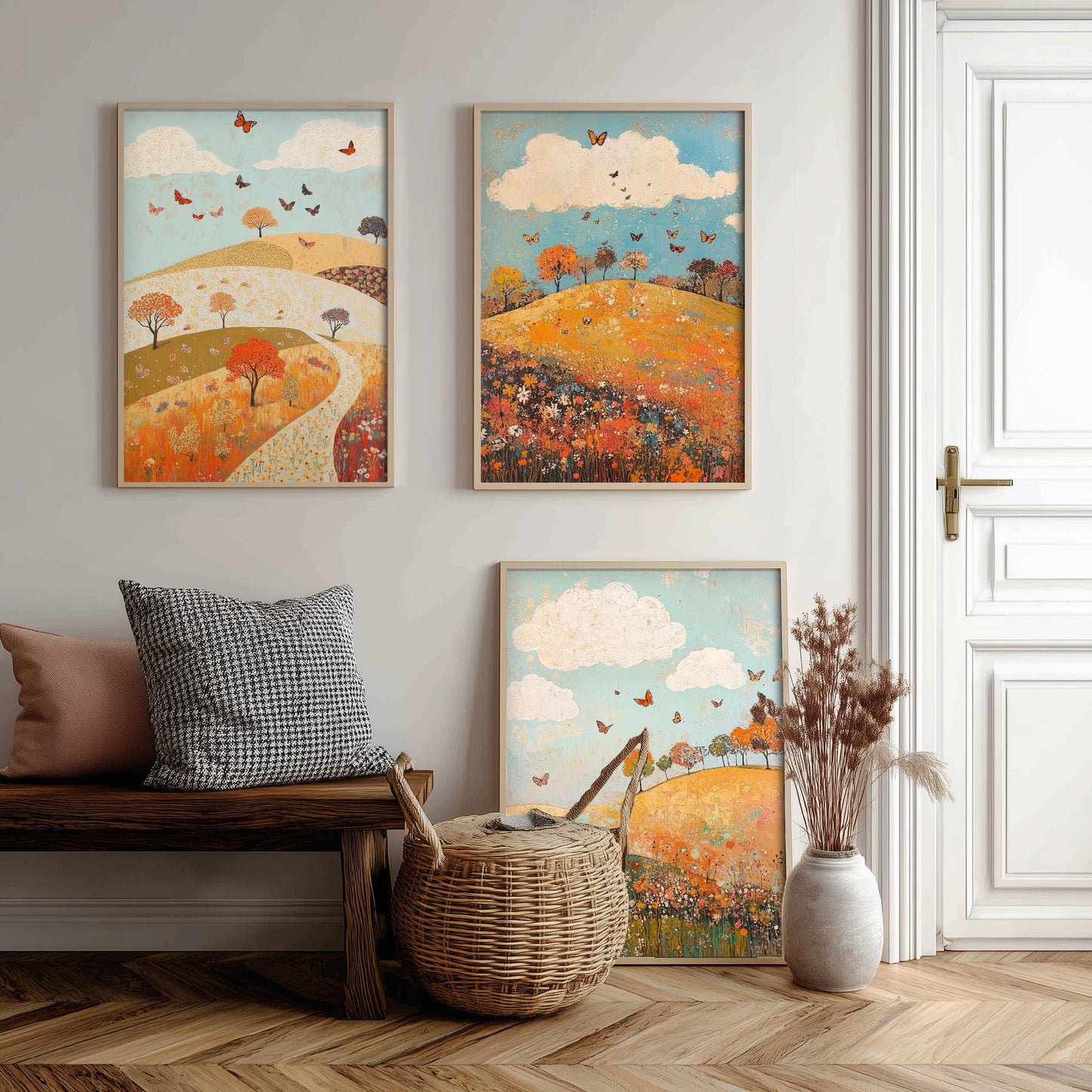 Rolling Hills Butterfly Set of Three Art Prints - Russet Mint and Porcelain - Folk Meadow Poster Illustration Gift
