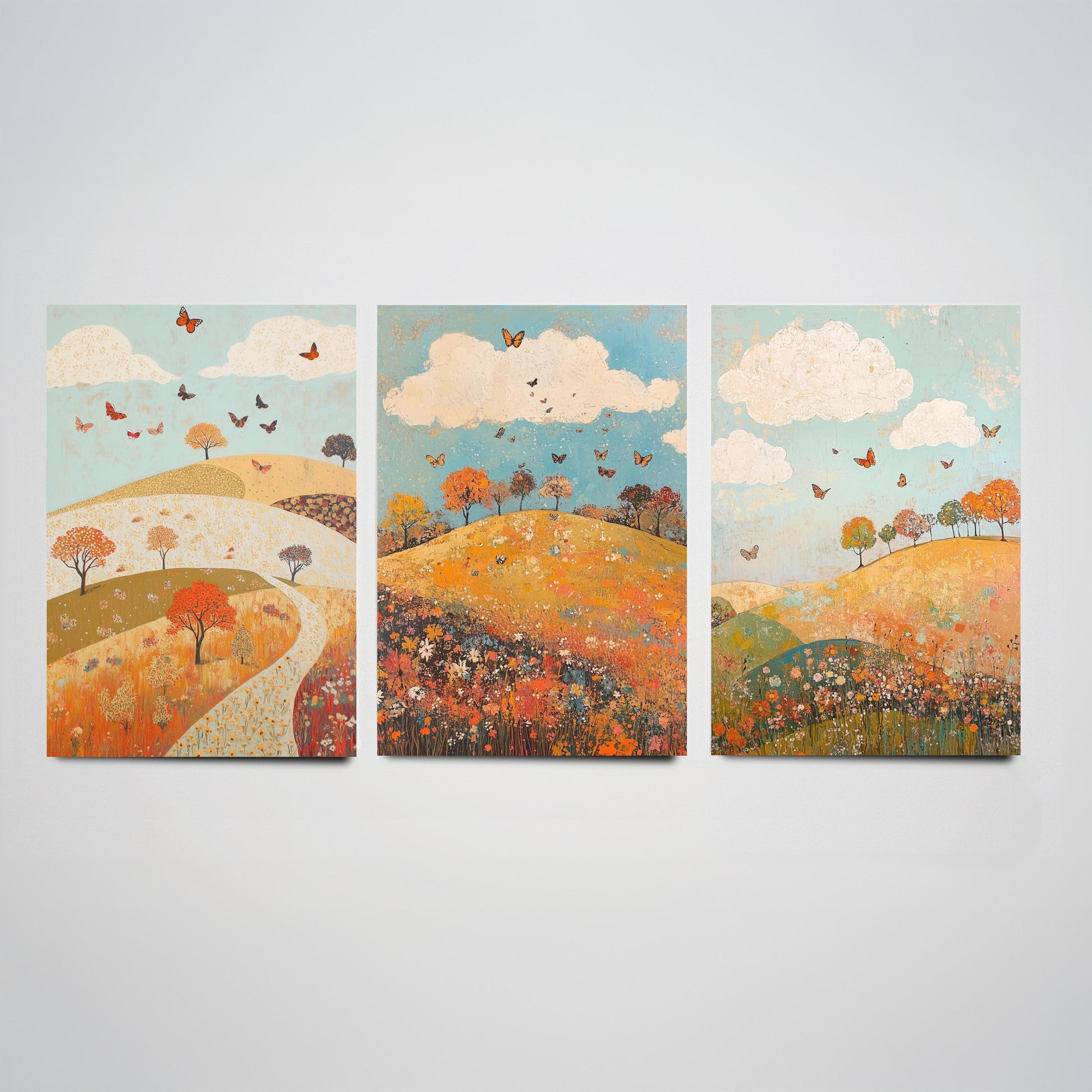 Rolling Hills Butterfly Set of Three Art Prints - Russet Mint and Porcelain - Folk Meadow Poster Illustration Gift